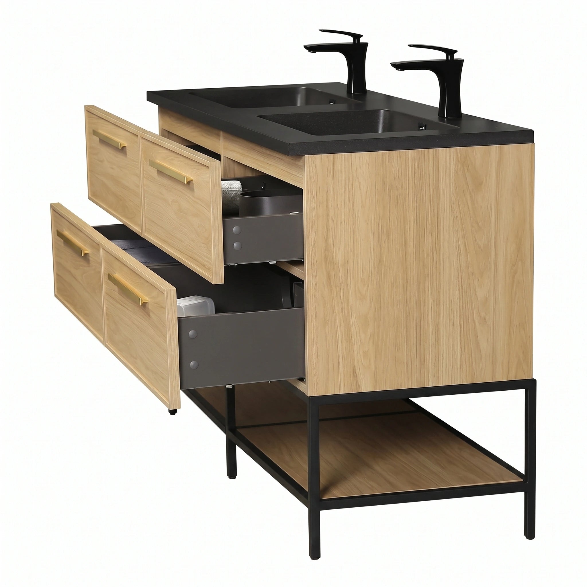Meuble-lavabo de salle de bain mural 60" Sunset Walnut avec comptoir et poignées en quartz technique noir