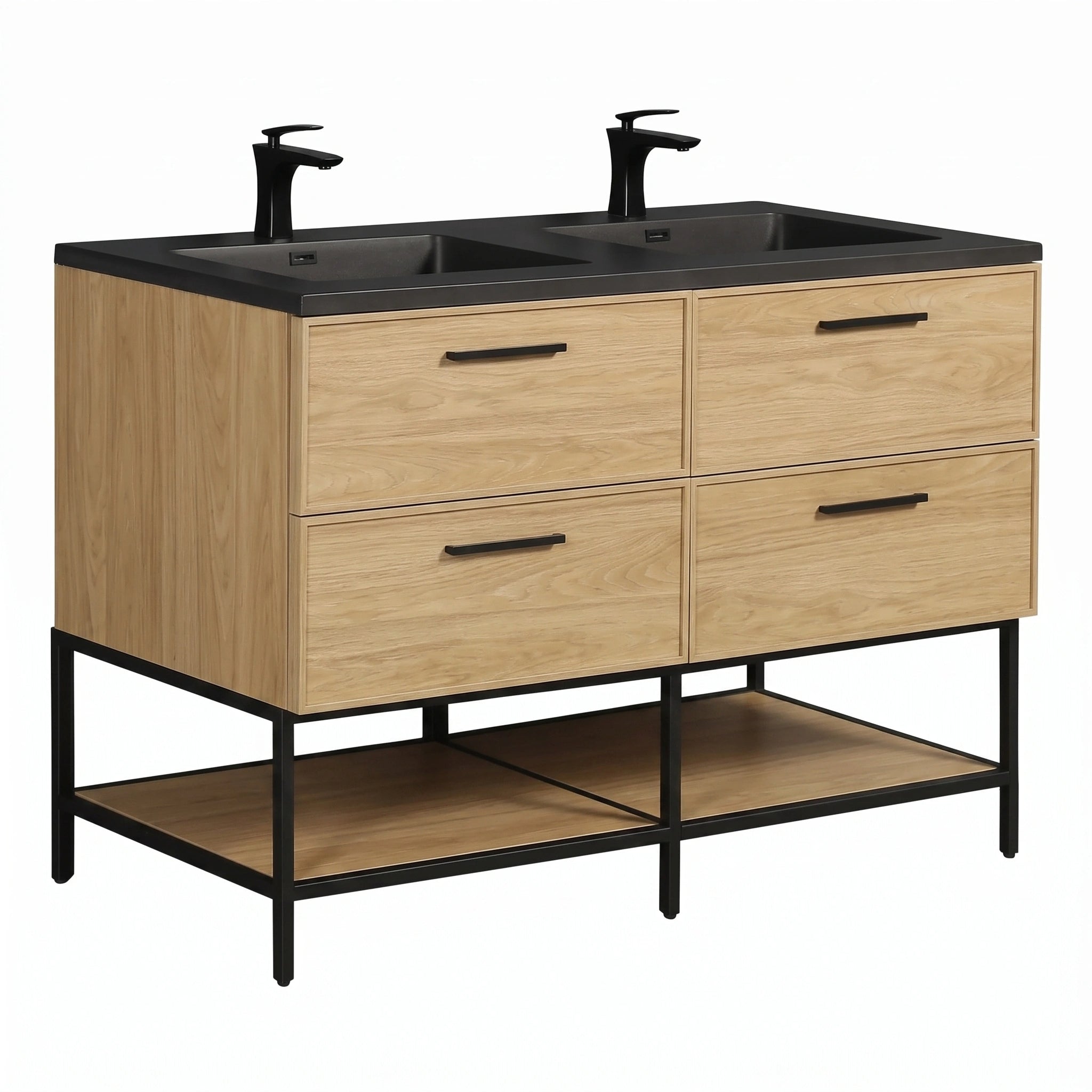 Meuble-lavabo de salle de bain mural 60" Sunset Walnut avec comptoir et poignées en quartz technique noir