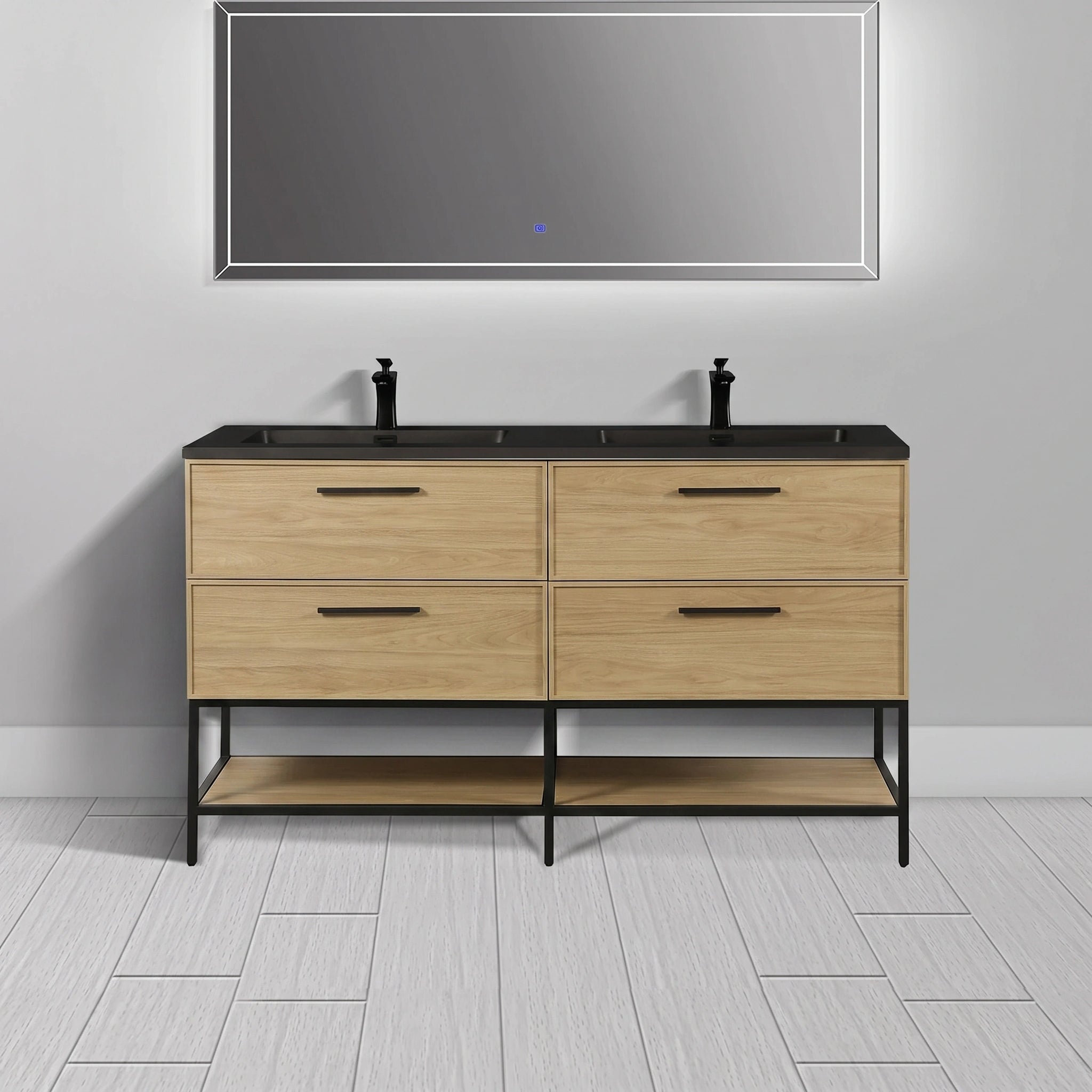 Meuble-lavabo de salle de bain mural 60" Sunset Walnut avec comptoir et poignées en quartz technique noir
