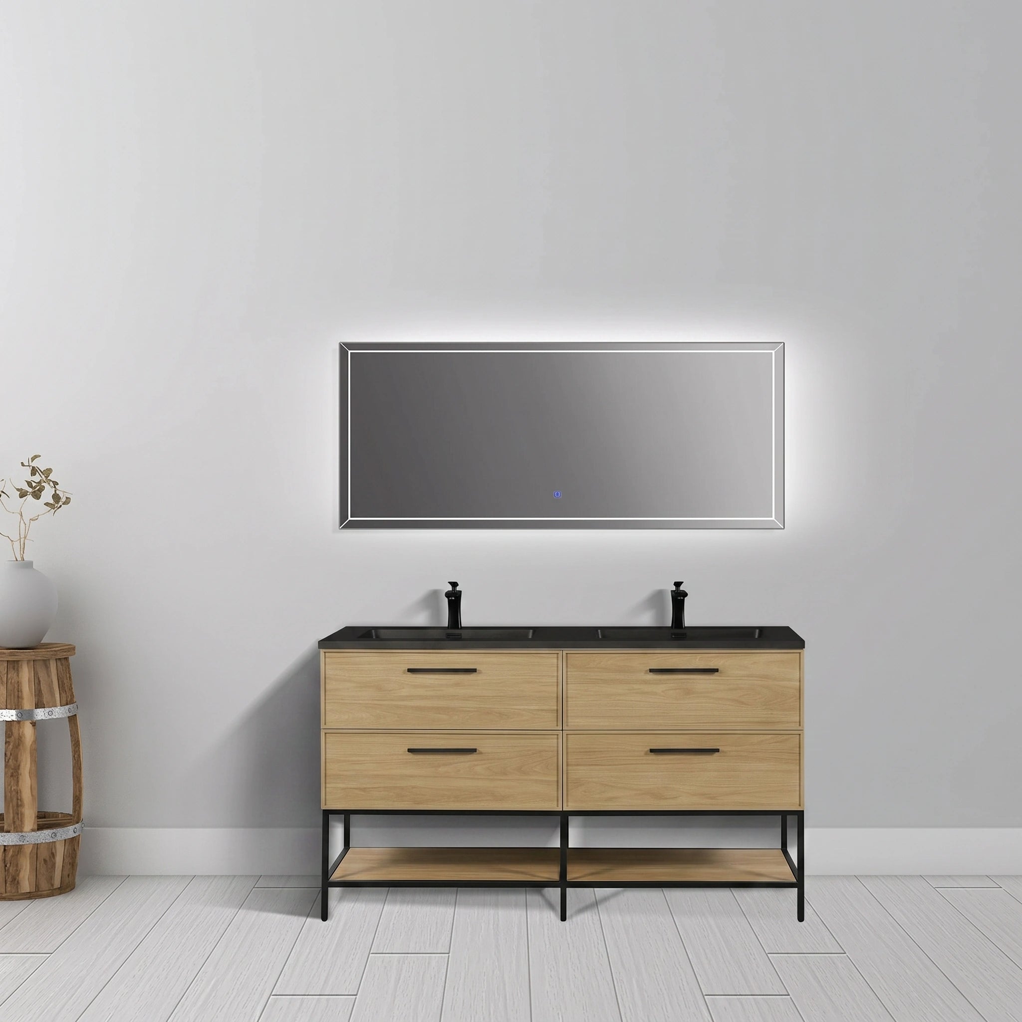 Meuble-lavabo de salle de bain mural 60" Sunset Walnut avec comptoir et poignées en quartz technique noir