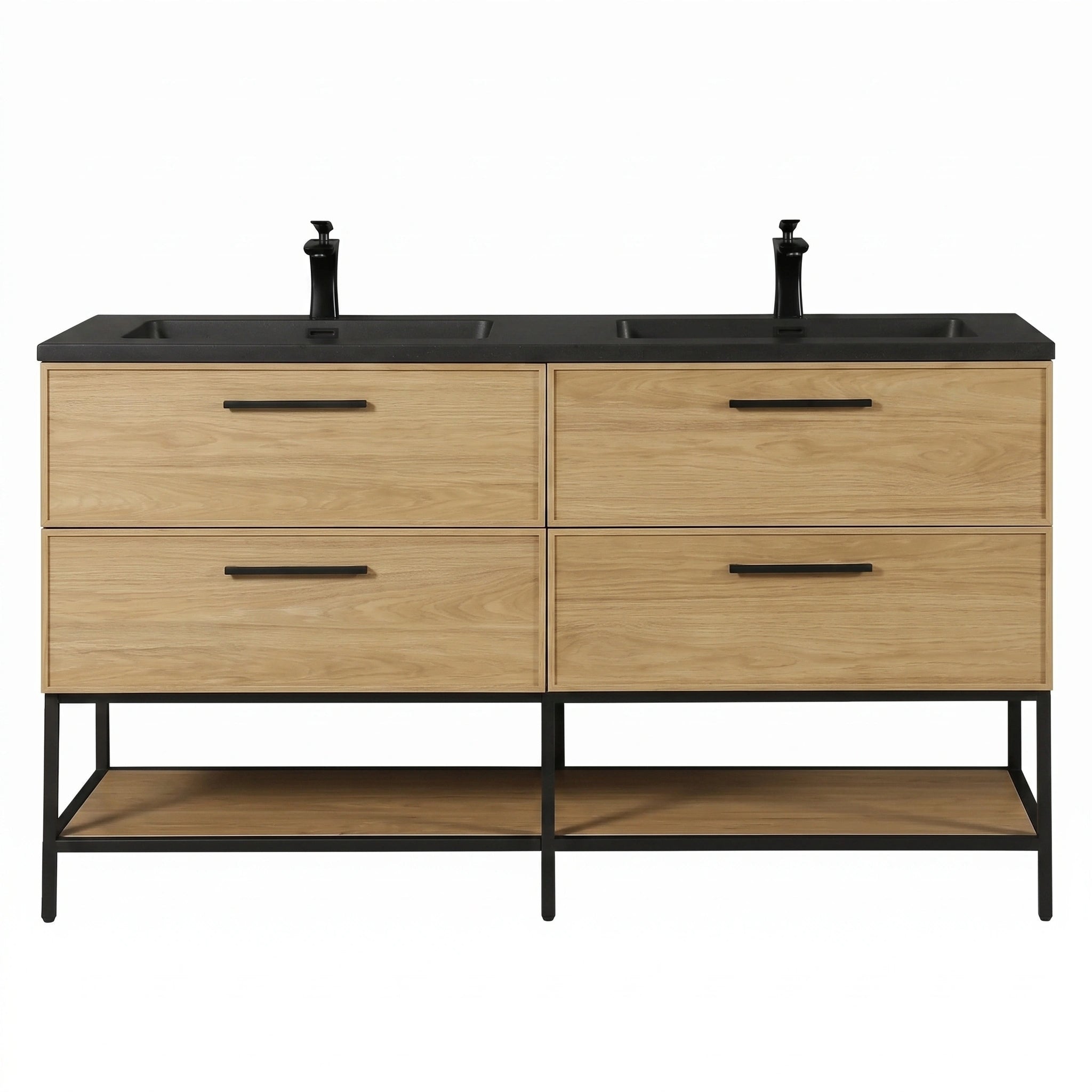 Meuble-lavabo de salle de bain mural 60" Sunset Walnut avec comptoir et poignées en quartz technique noir