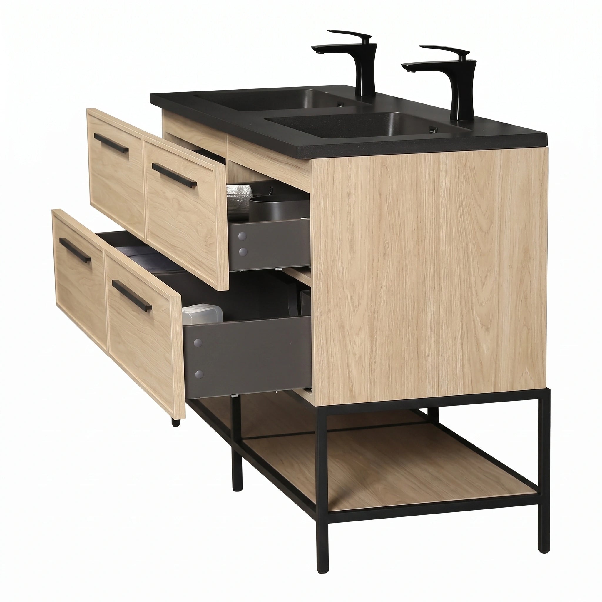 Meuble-lavabo de salle de bain mural 60" Sunset Walnut avec comptoir et poignées en quartz technique noir