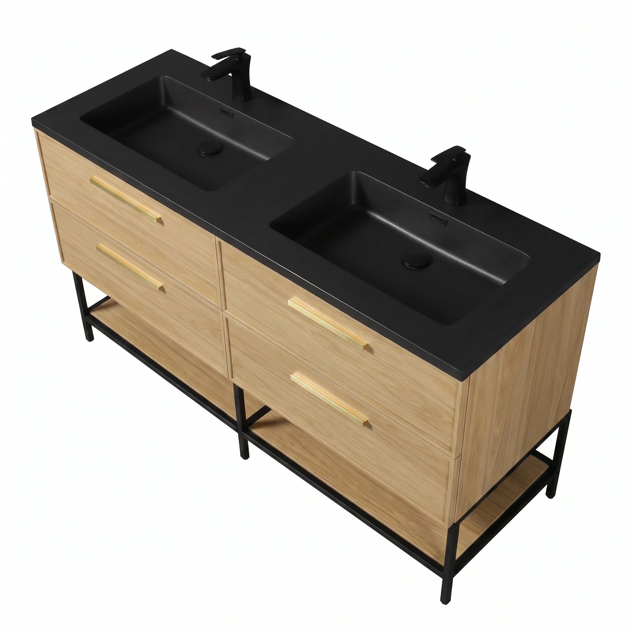 Meuble-lavabo de salle de bain mural 60" Sunset Walnut avec comptoir et poignées en quartz technique noir