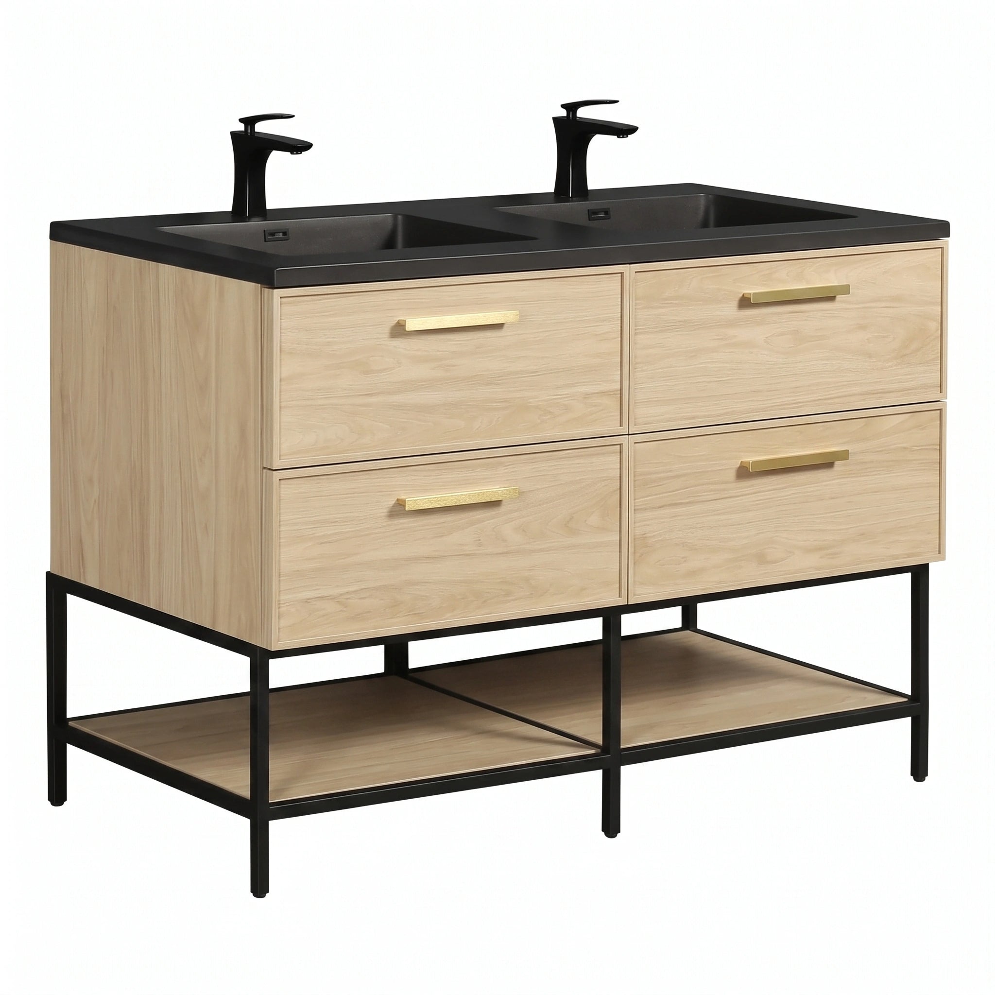 Meuble-lavabo de salle de bain mural 60" Sunset Walnut avec comptoir et poignées en quartz technique noir