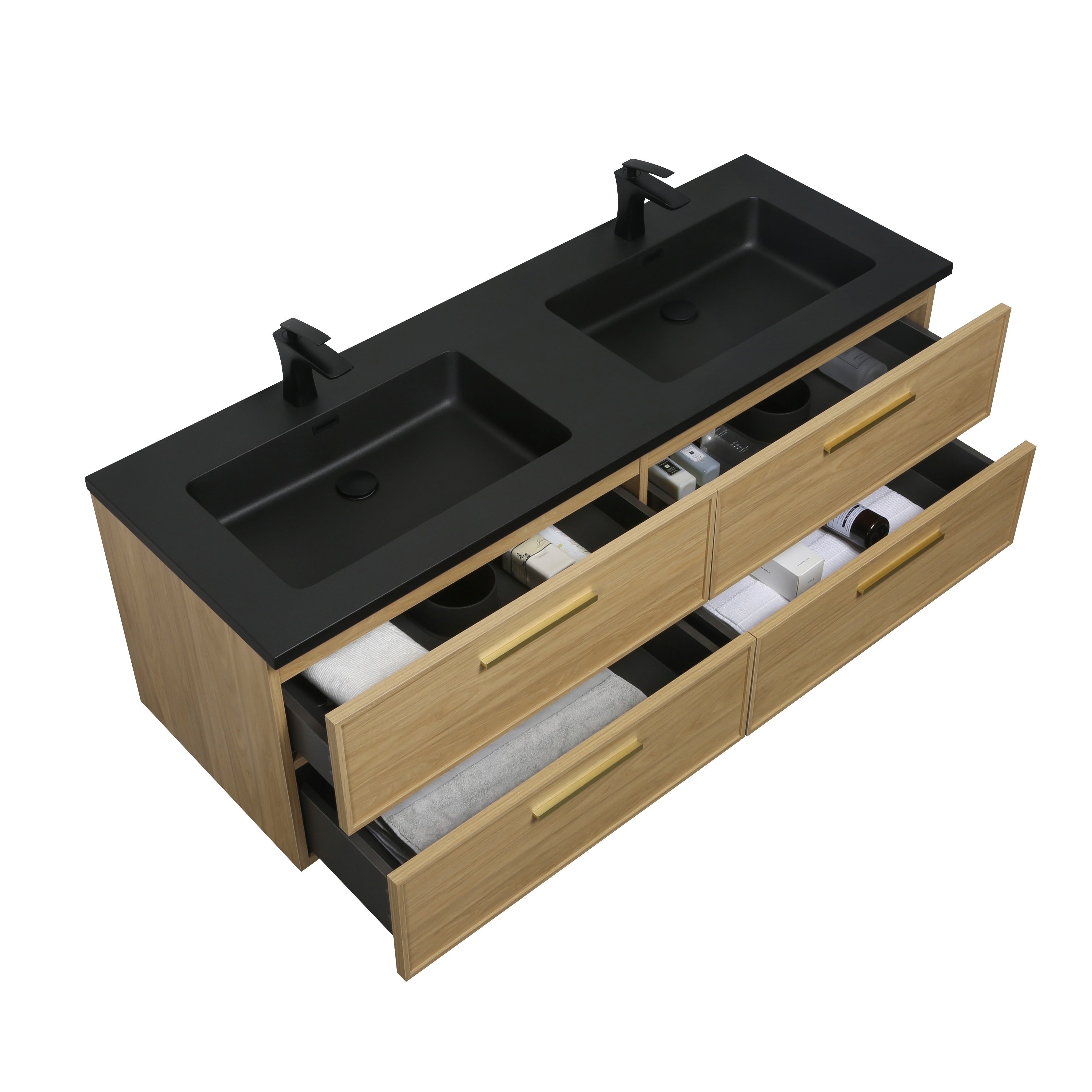 Meuble-lavabo de salle de bain mural 60" Sunset Walnut avec comptoir et poignées en quartz technique noir