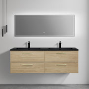 Meuble-lavabo de salle de bain mural 60" Sunset Walnut avec comptoir et poignées en quartz technique noir