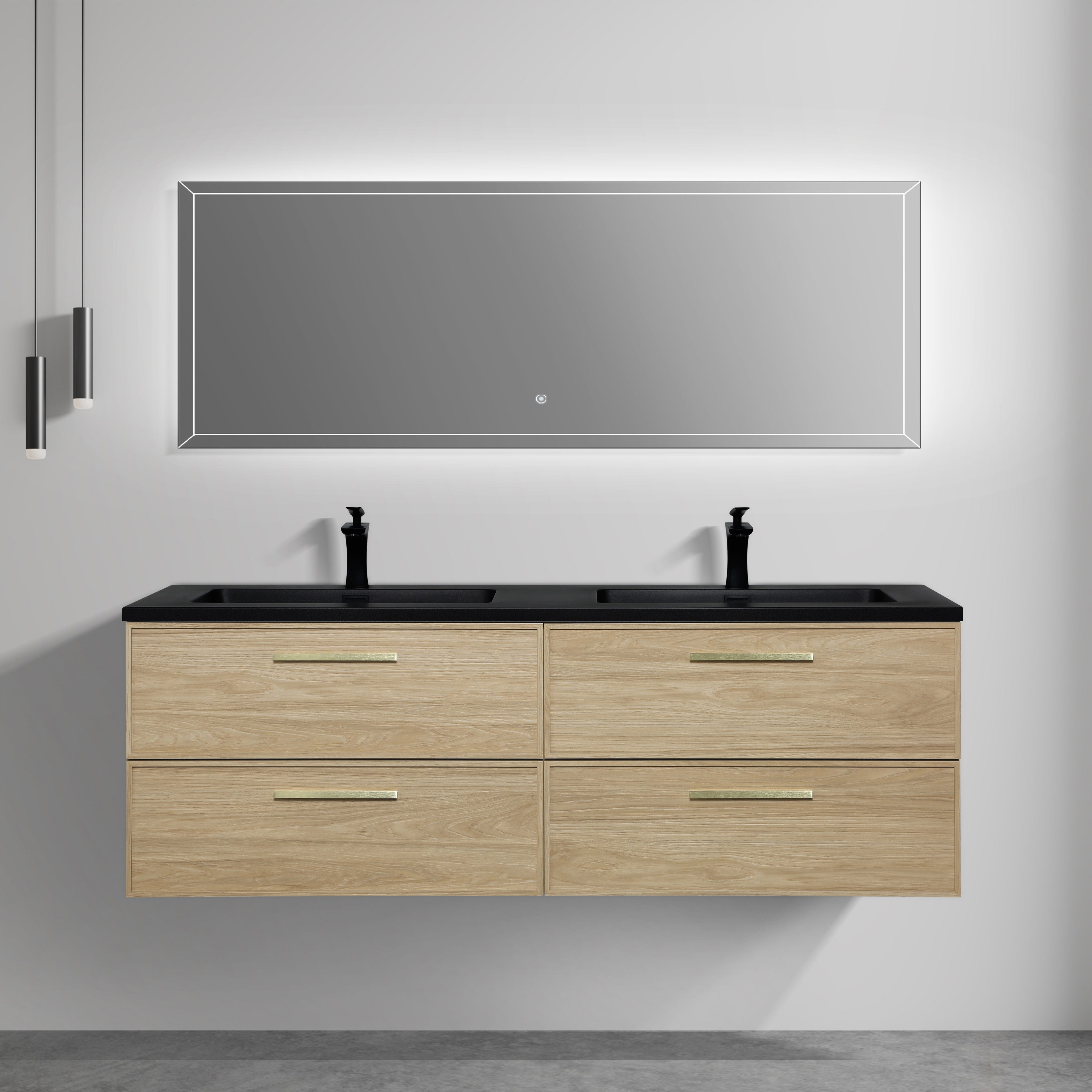Meuble-lavabo de salle de bain mural 60" Sunset Walnut avec comptoir et poignées en quartz technique noir
