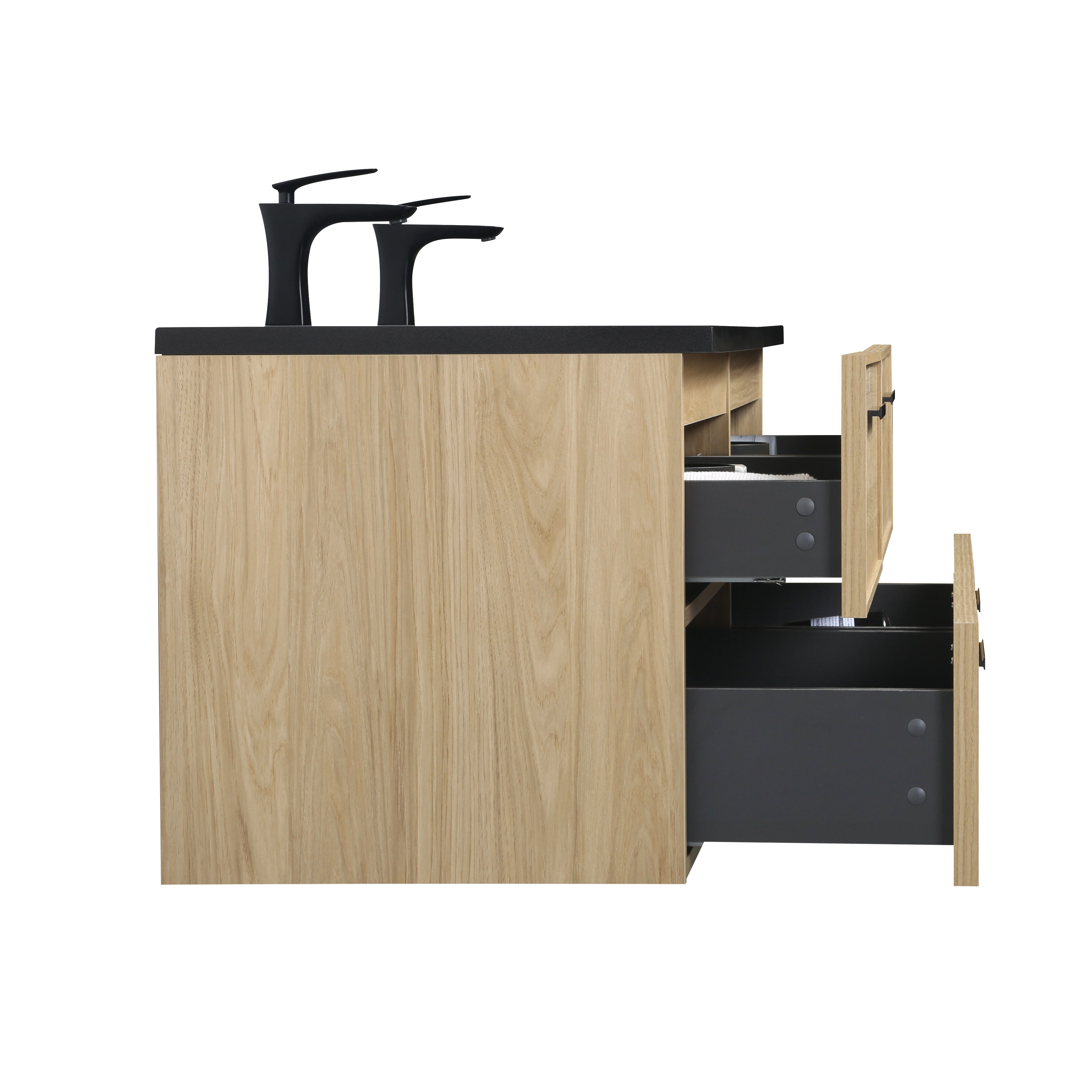 Meuble-lavabo de salle de bain mural 60" Sunset Walnut avec comptoir et poignées en quartz technique noir