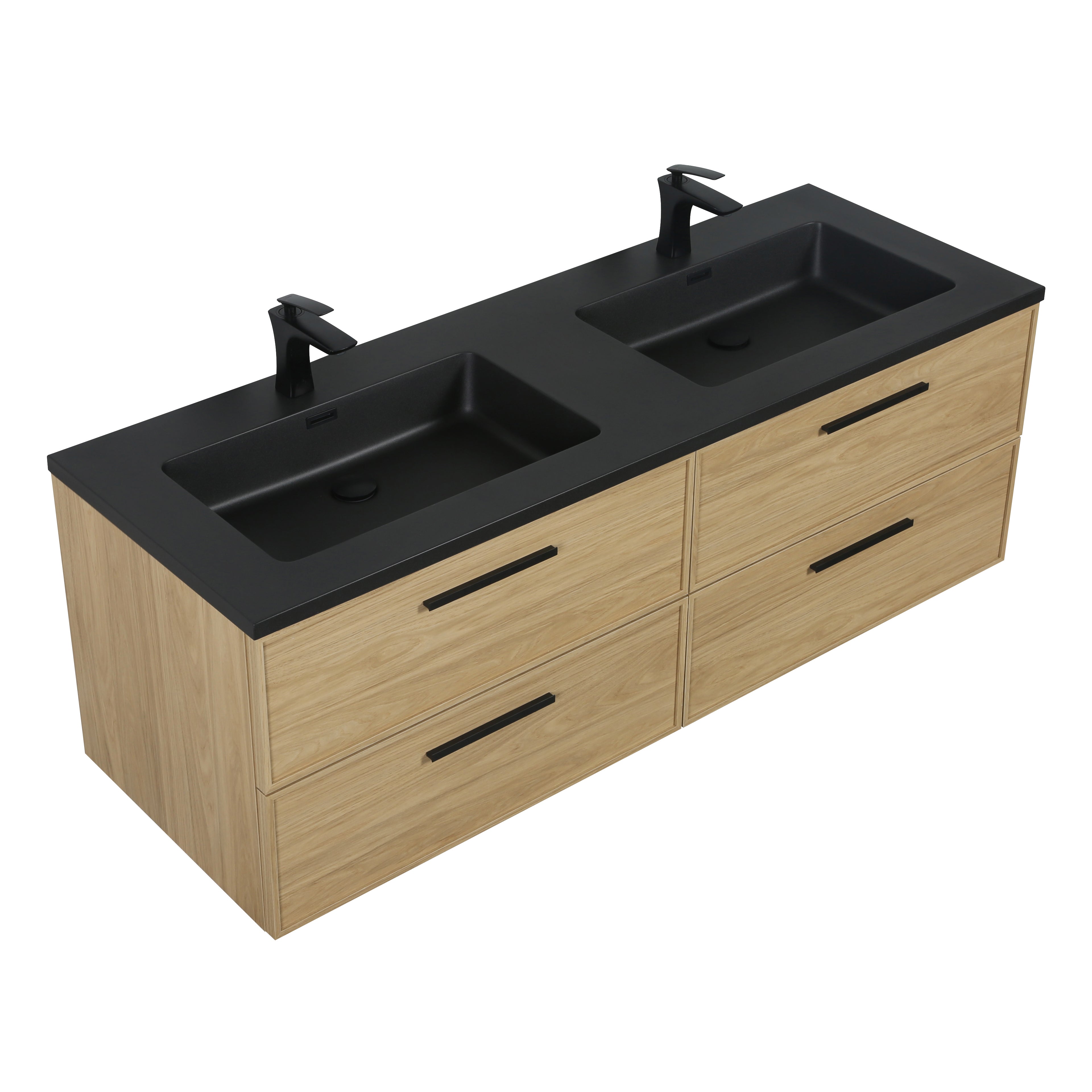 Meuble-lavabo de salle de bain mural 60" Sunset Walnut avec comptoir et poignées en quartz technique noir
