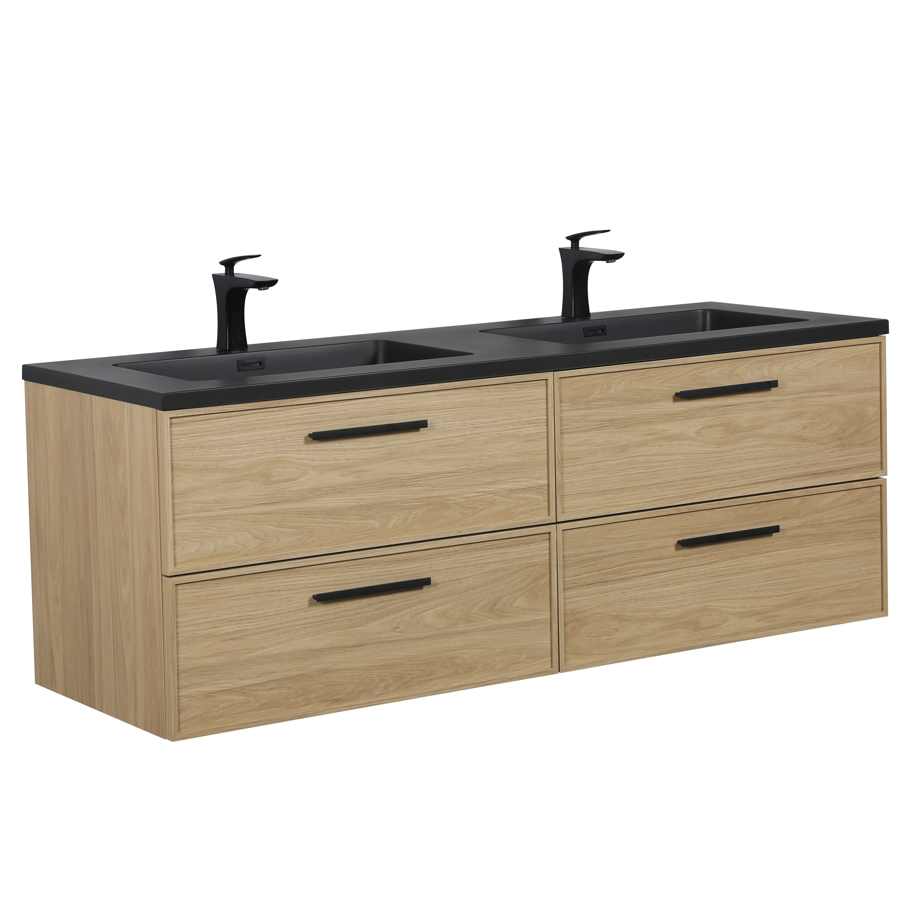 Meuble-lavabo de salle de bain mural 60" Sunset Walnut avec comptoir et poignées en quartz technique noir