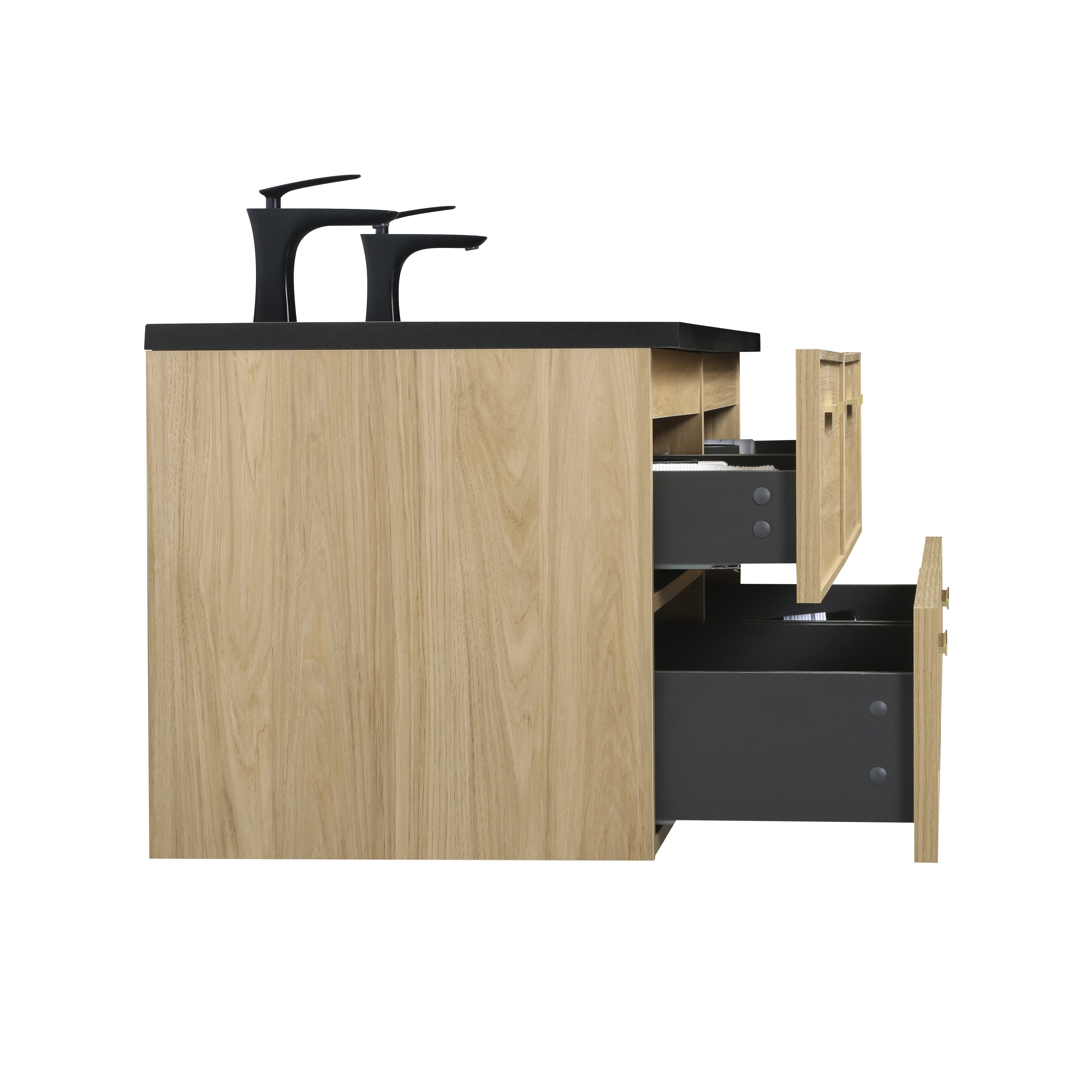 Meuble-lavabo de salle de bain mural 60" Sunset Walnut avec comptoir et poignées en quartz technique noir