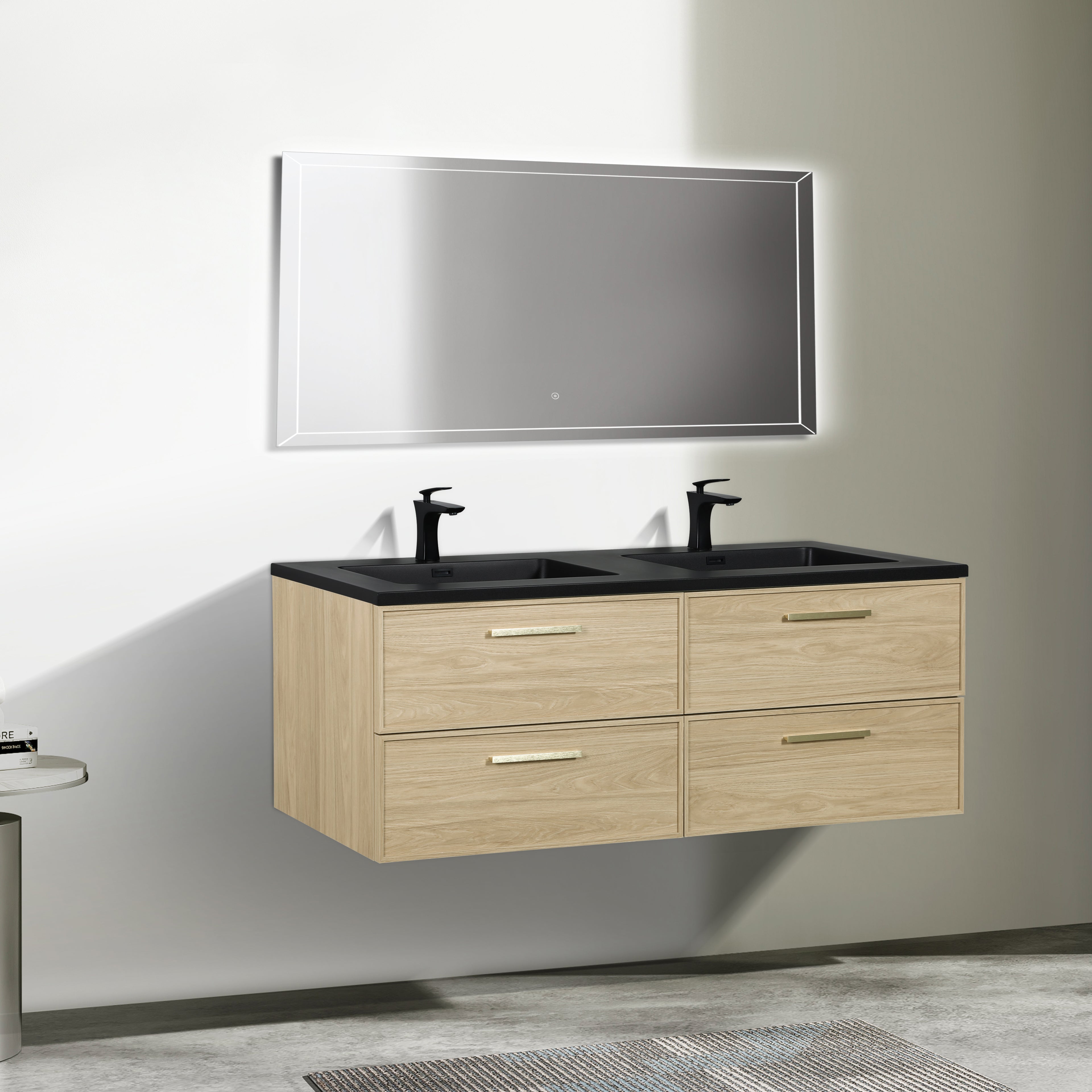 Meuble-lavabo de salle de bain mural 60" Sunset Walnut avec comptoir et poignées en quartz technique noir