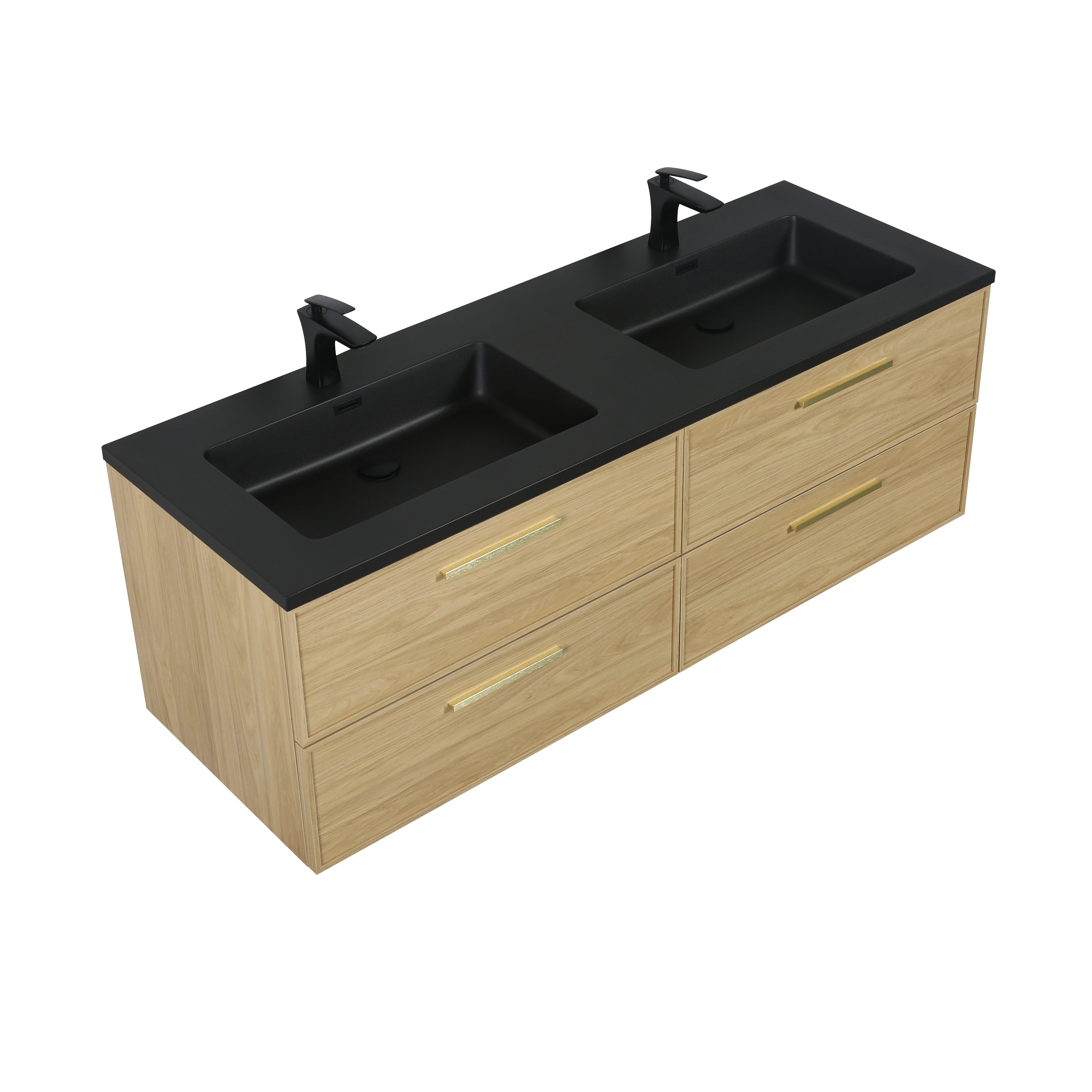 Meuble-lavabo de salle de bain mural 60" Sunset Walnut avec comptoir et poignées en quartz technique noir