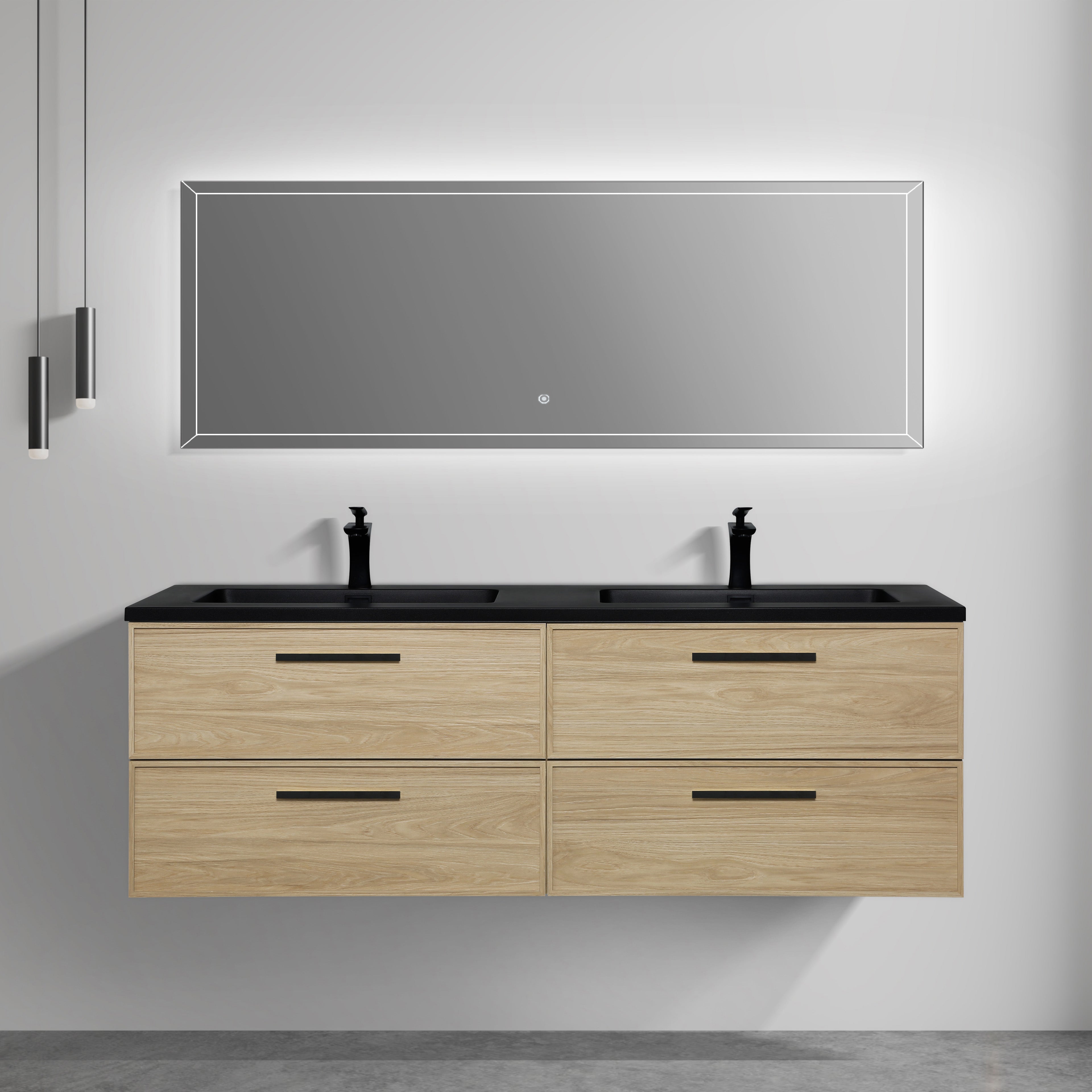 Meuble-lavabo de salle de bain mural 60" Sunset Walnut avec comptoir et poignées en quartz technique noir