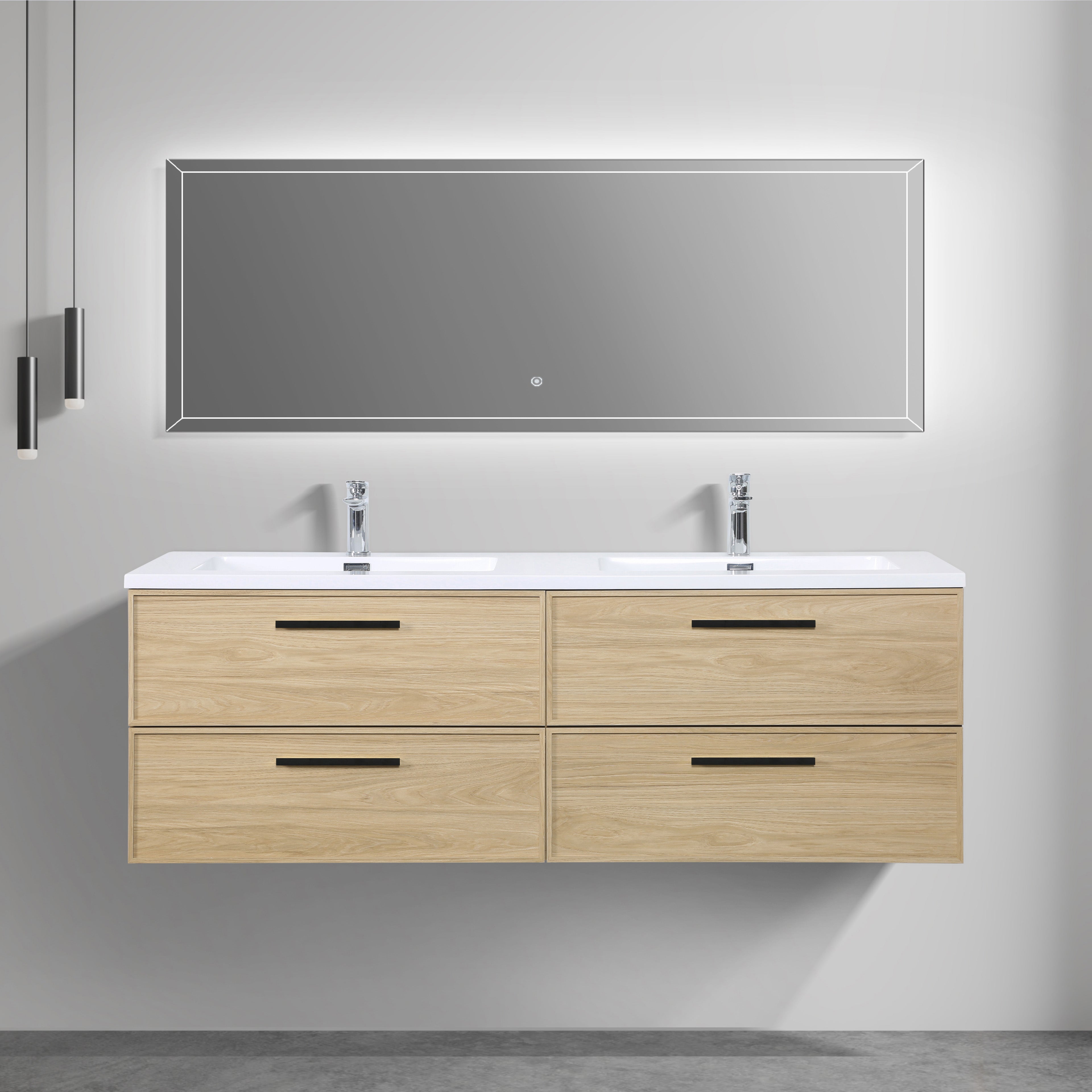 Meuble-lavabo mural 60 po Sunset Noyer avec comptoir en Polymarbre blanc avec poignées - Collection Luxe