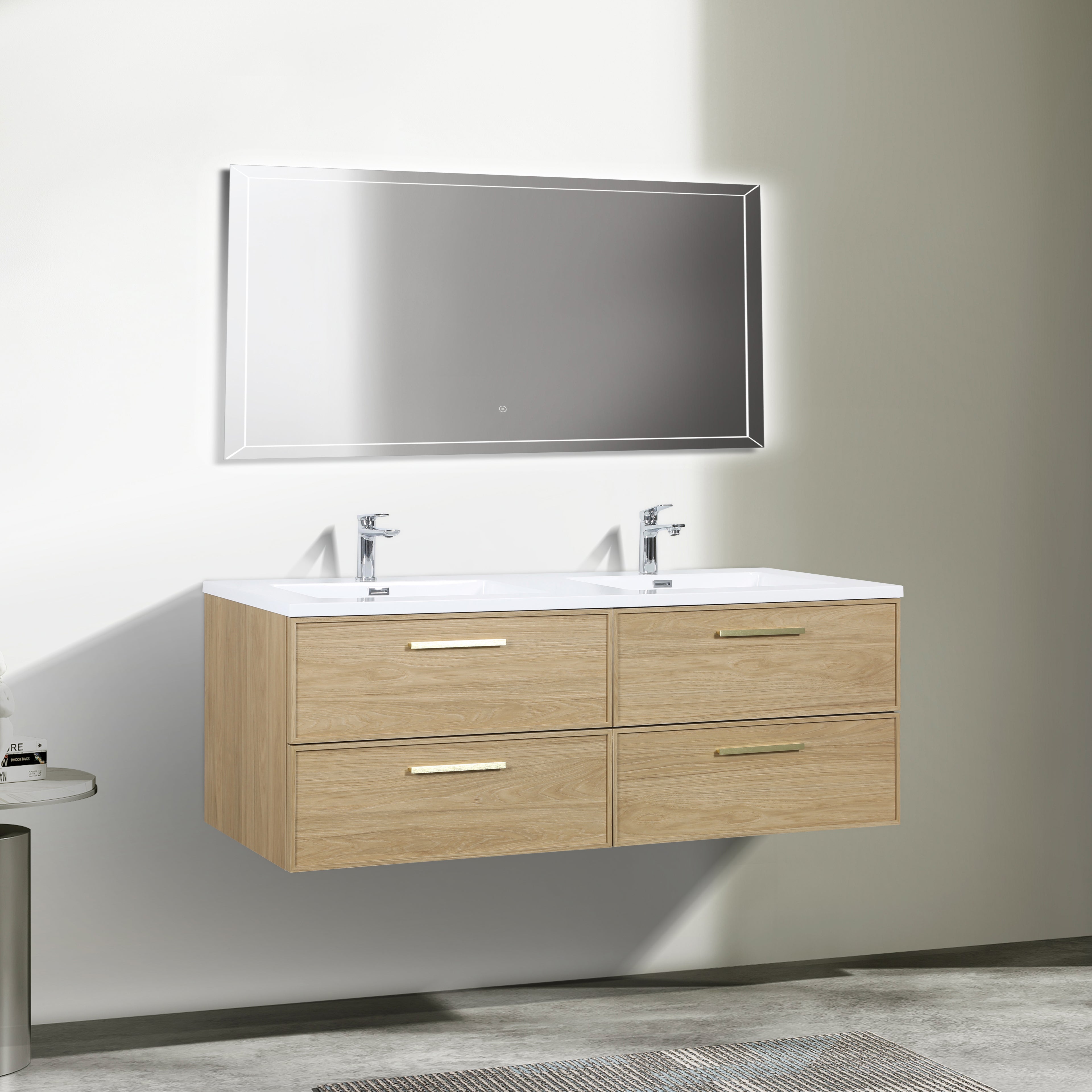 Meuble-lavabo mural 60 po Sunset Noyer avec comptoir en Polymarbre blanc avec poignées - Collection Luxe