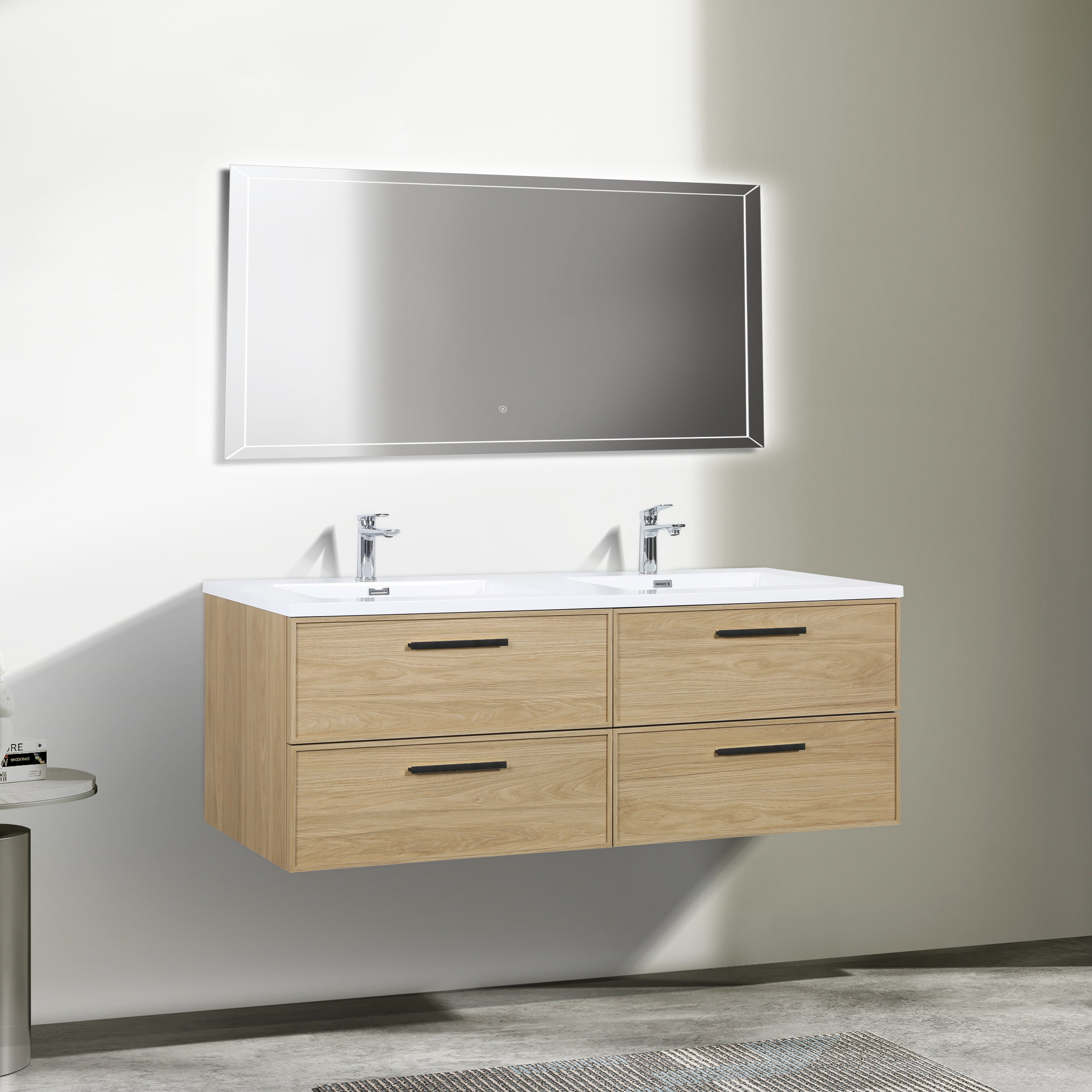 Meuble-lavabo mural 60 po Sunset Noyer avec comptoir en Polymarbre blanc avec poignées - Collection Luxe