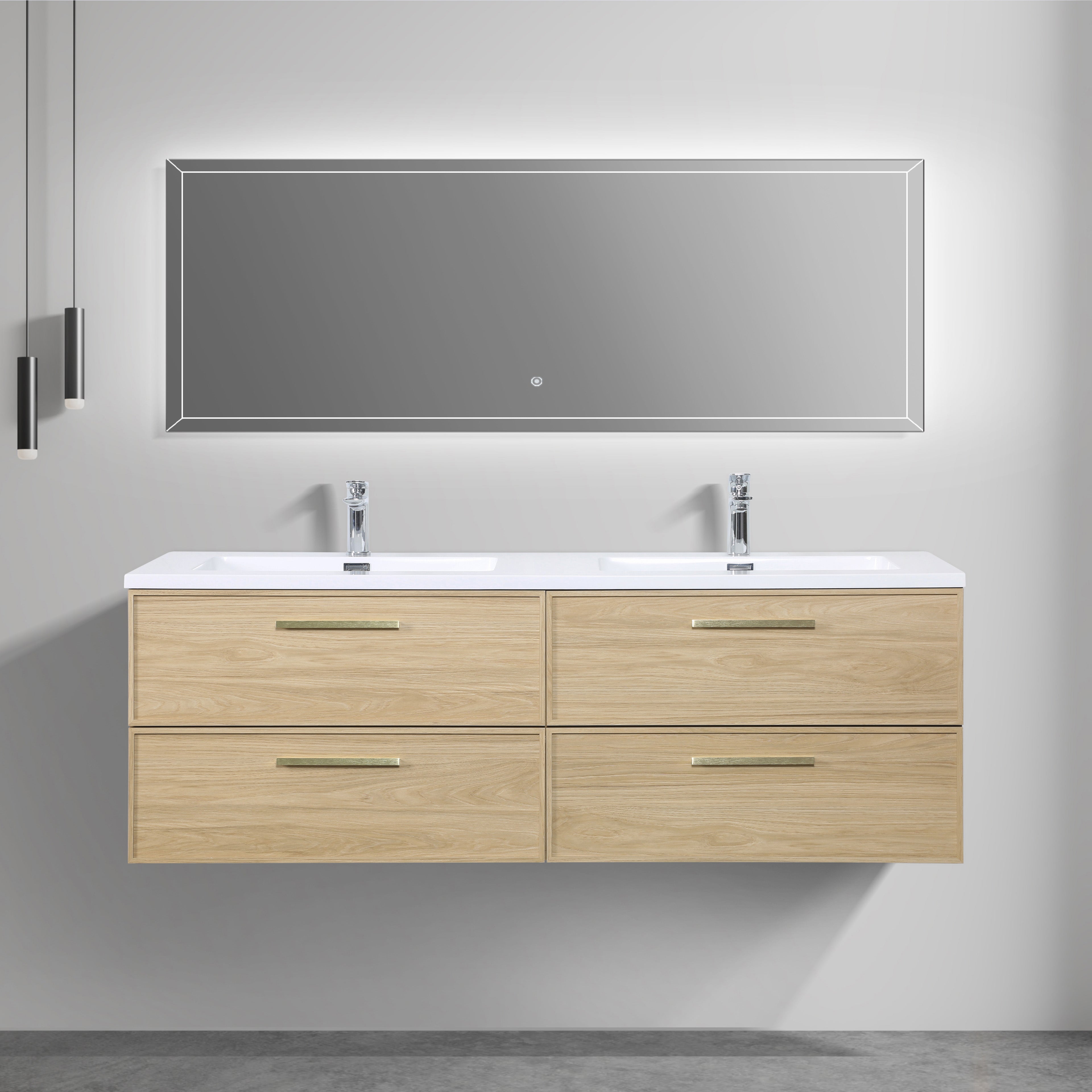 Meuble-lavabo mural 60 po Sunset Noyer avec comptoir en Polymarbre blanc avec poignées - Collection Luxe