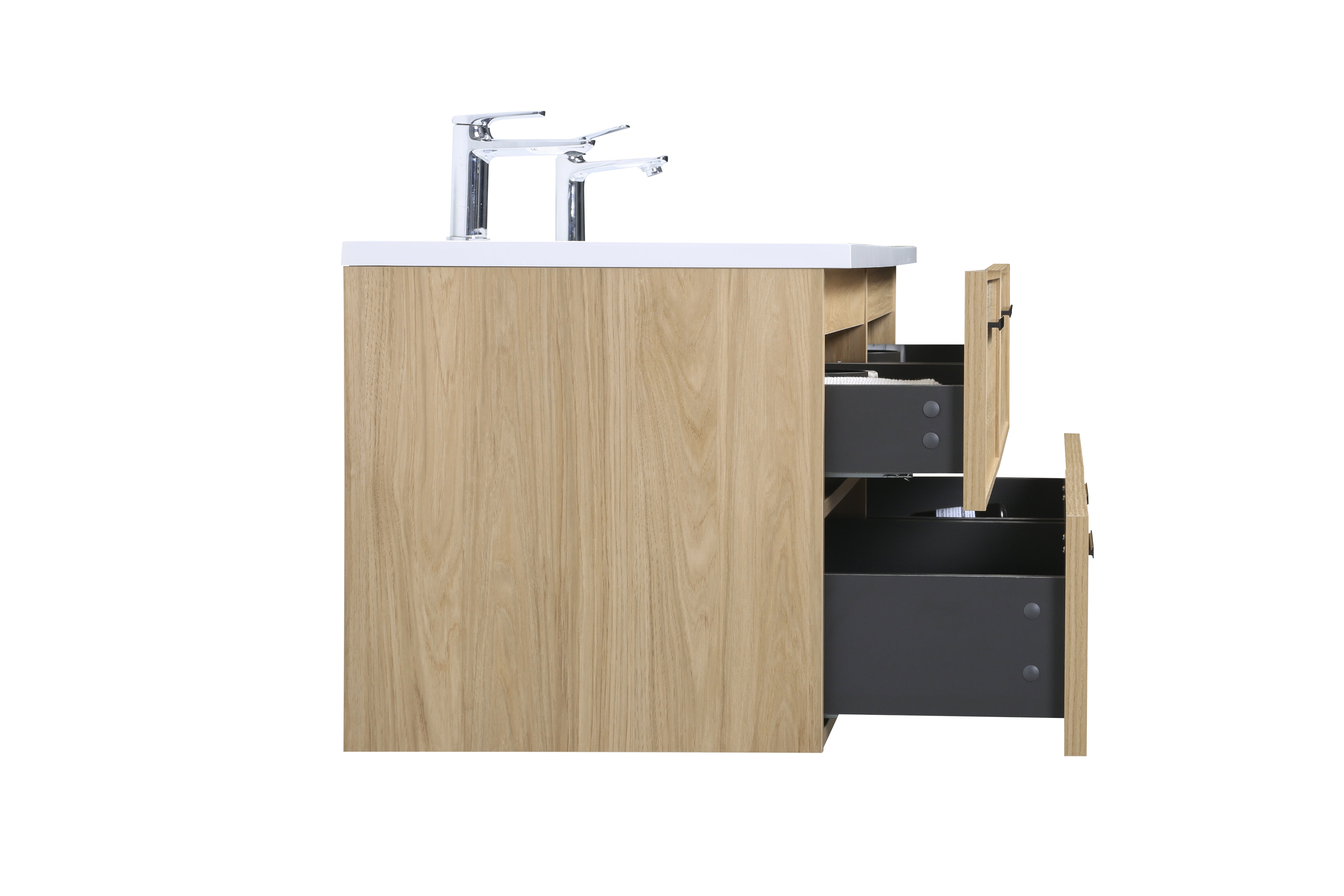 Meuble-lavabo mural 60 po Sunset Noyer avec comptoir en Polymarbre blanc avec poignées - Collection Luxe