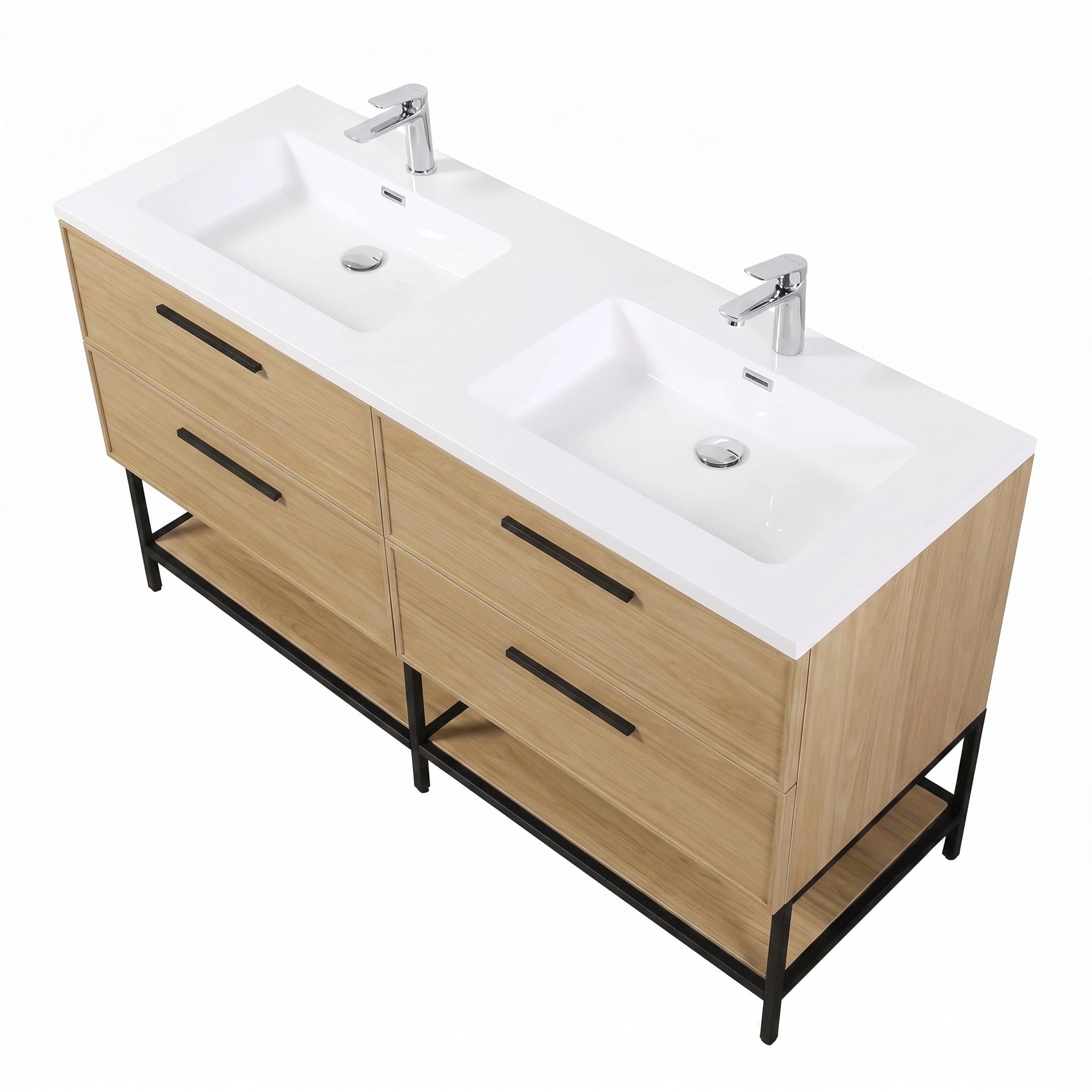 Meuble-lavabo mural 60 po Sunset Noyer avec comptoir en Polymarbre blanc avec poignées - Collection Luxe
