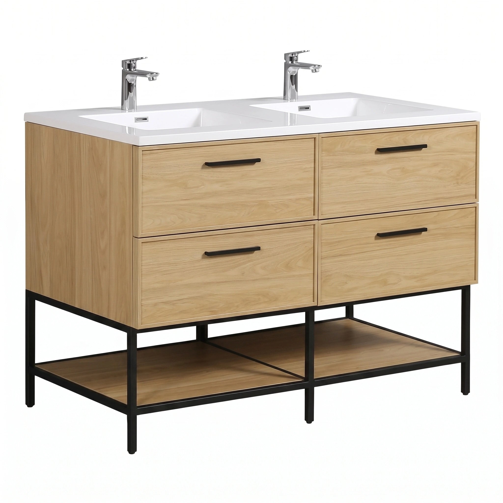 Meuble-lavabo mural 60 po Sunset Noyer avec comptoir en Polymarbre blanc avec poignées - Collection Luxe