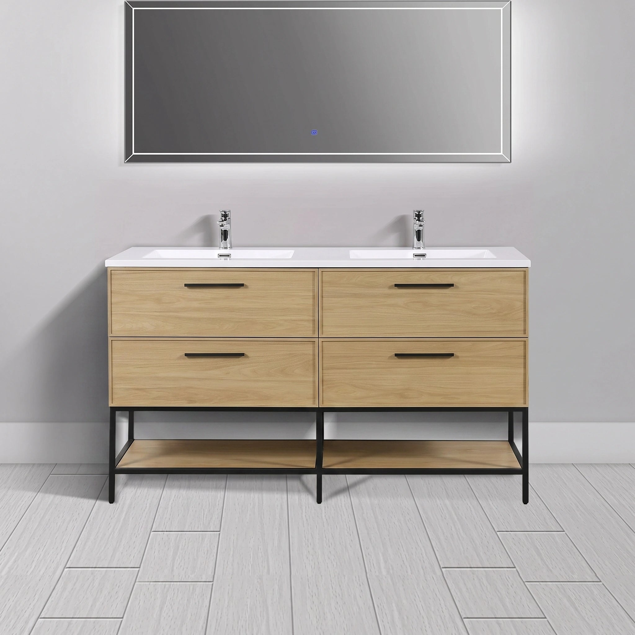 Meuble-lavabo mural 60 po Sunset Noyer avec comptoir en Polymarbre blanc avec poignées - Collection Luxe