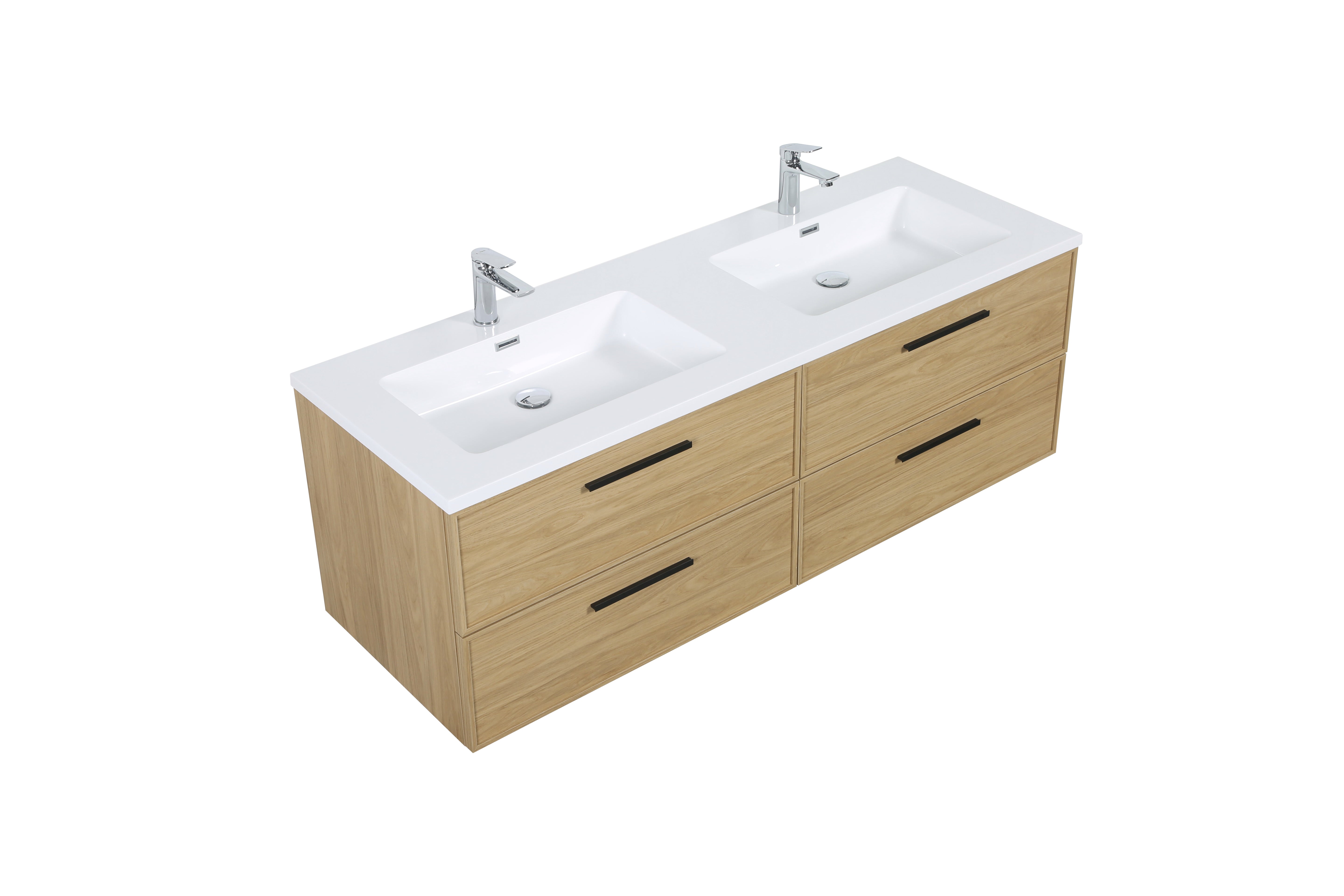 Meuble-lavabo mural 60 po Sunset Noyer avec comptoir en Polymarbre blanc avec poignées - Collection Luxe