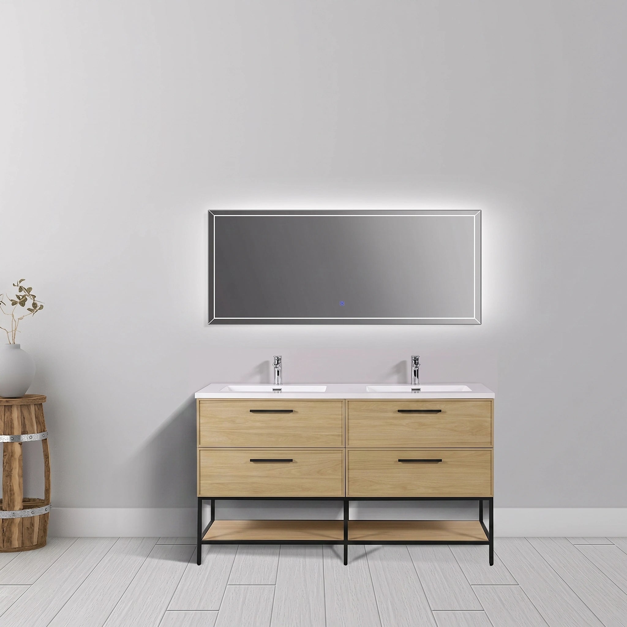 Meuble-lavabo mural 60 po Sunset Noyer avec comptoir en Polymarbre blanc avec poignées - Collection Luxe