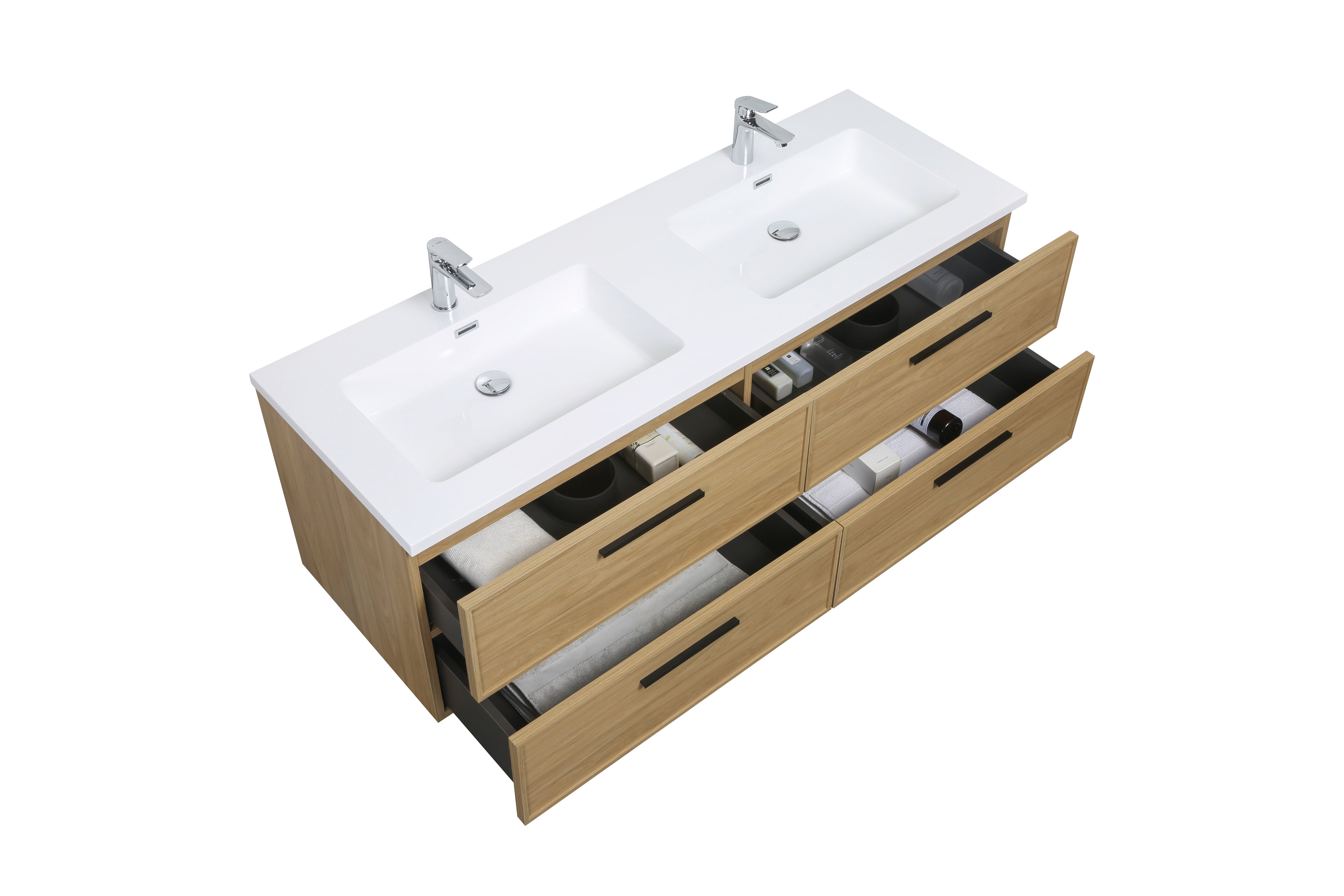 Meuble-lavabo mural 60 po Sunset Noyer avec comptoir en Polymarbre blanc avec poignées - Collection Luxe