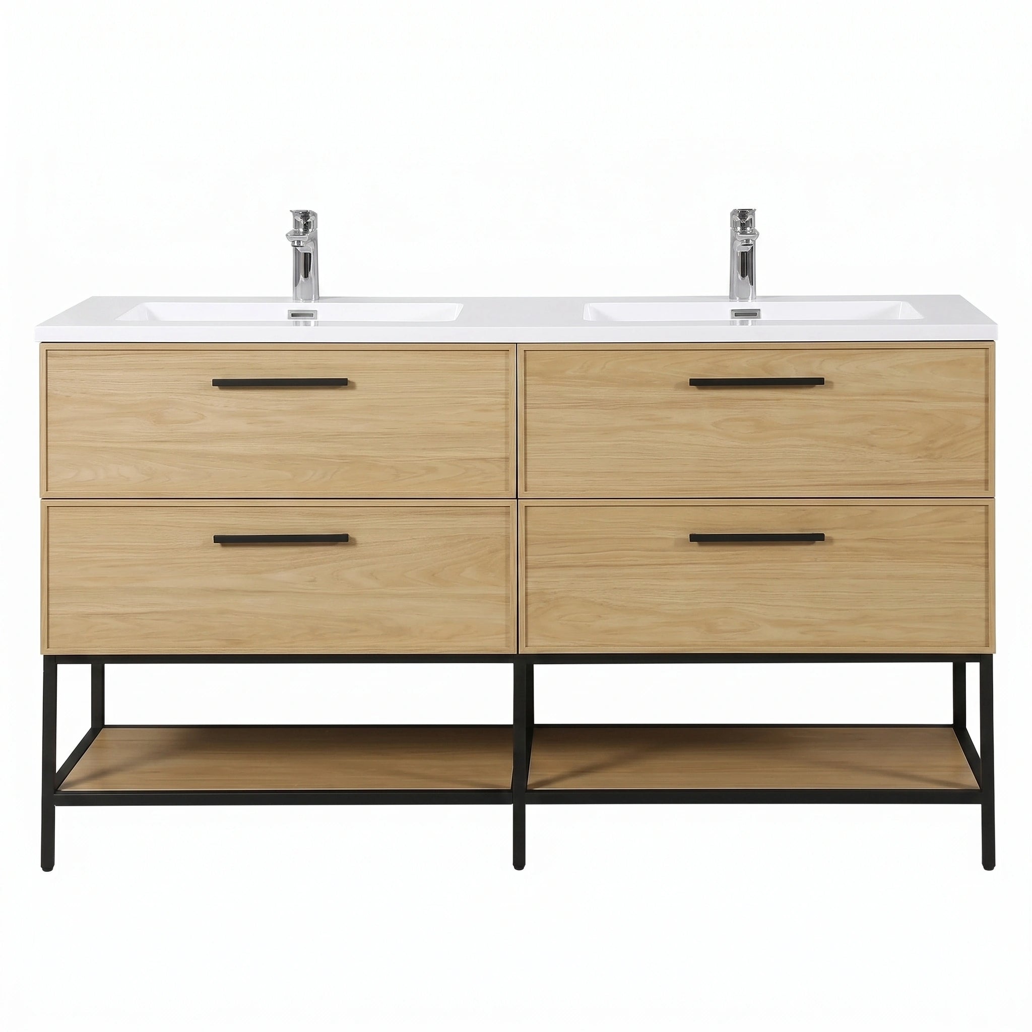Meuble-lavabo mural 60 po Sunset Noyer avec comptoir en Polymarbre blanc avec poignées - Collection Luxe