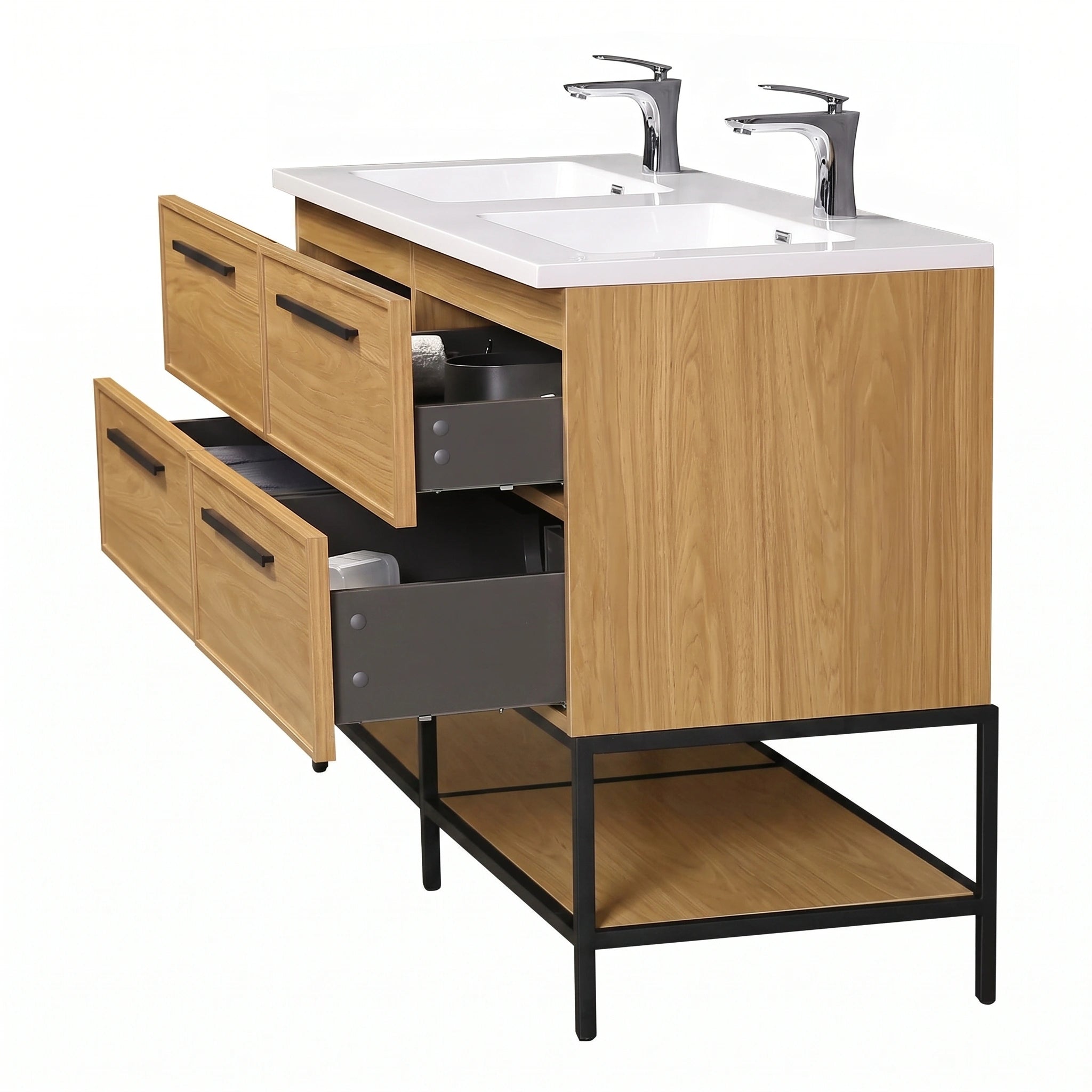 Meuble-lavabo mural 60 po Sunset Noyer avec comptoir en Polymarbre blanc avec poignées - Collection Luxe
