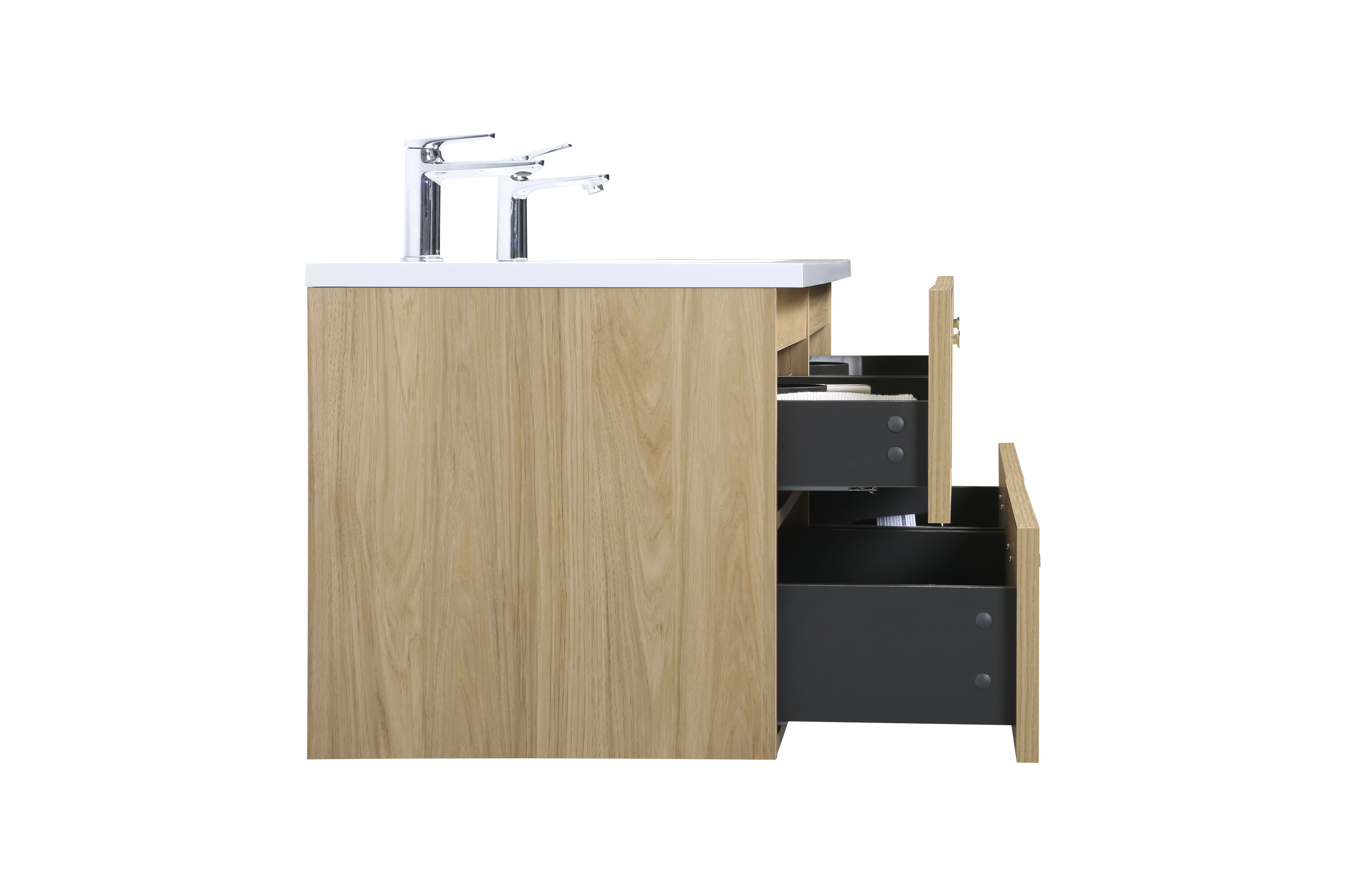 Meuble-lavabo mural 60 po Sunset Noyer avec comptoir en Polymarbre blanc avec poignées - Collection Luxe