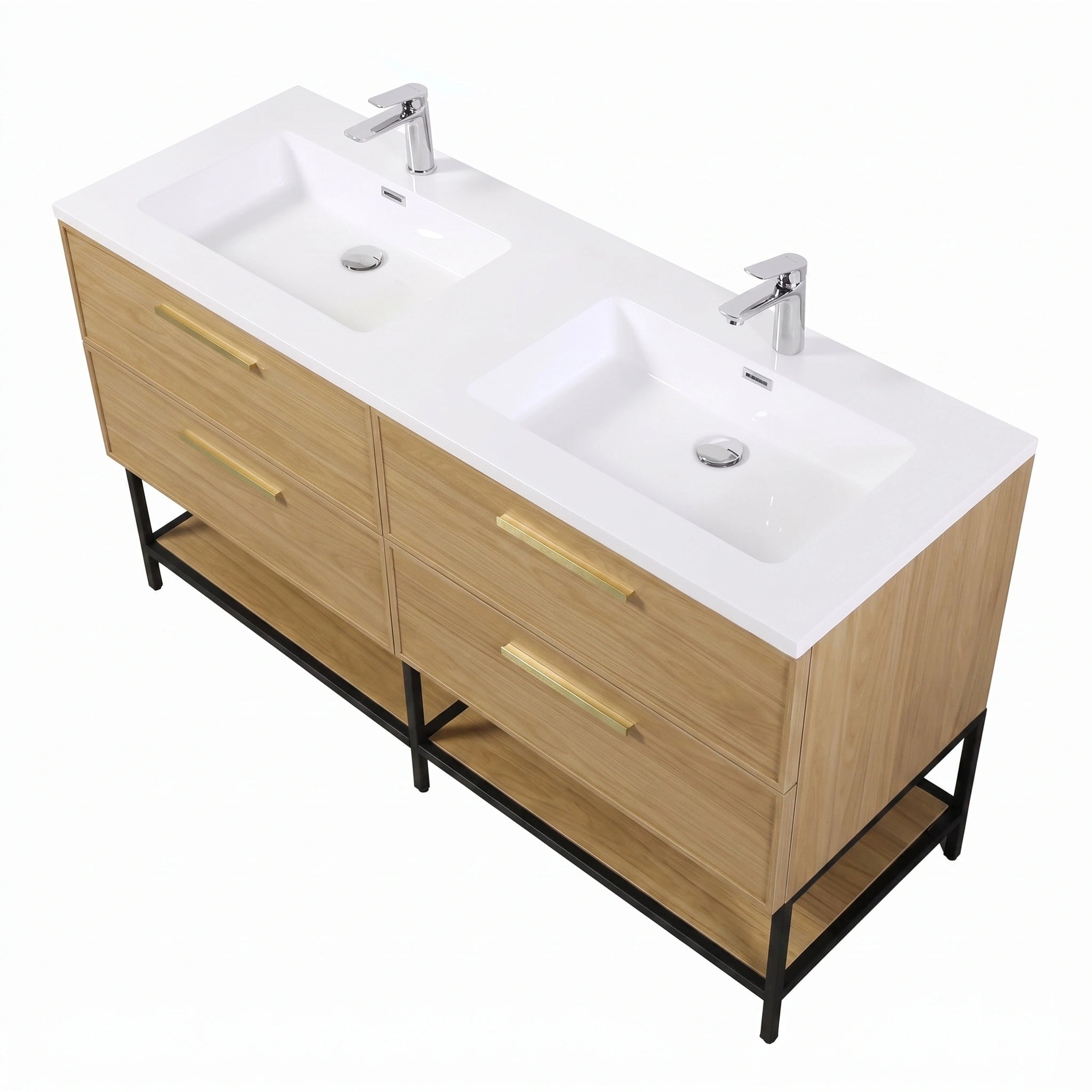 Meuble-lavabo mural 60 po Sunset Noyer avec comptoir en Polymarbre blanc avec poignées - Collection Luxe