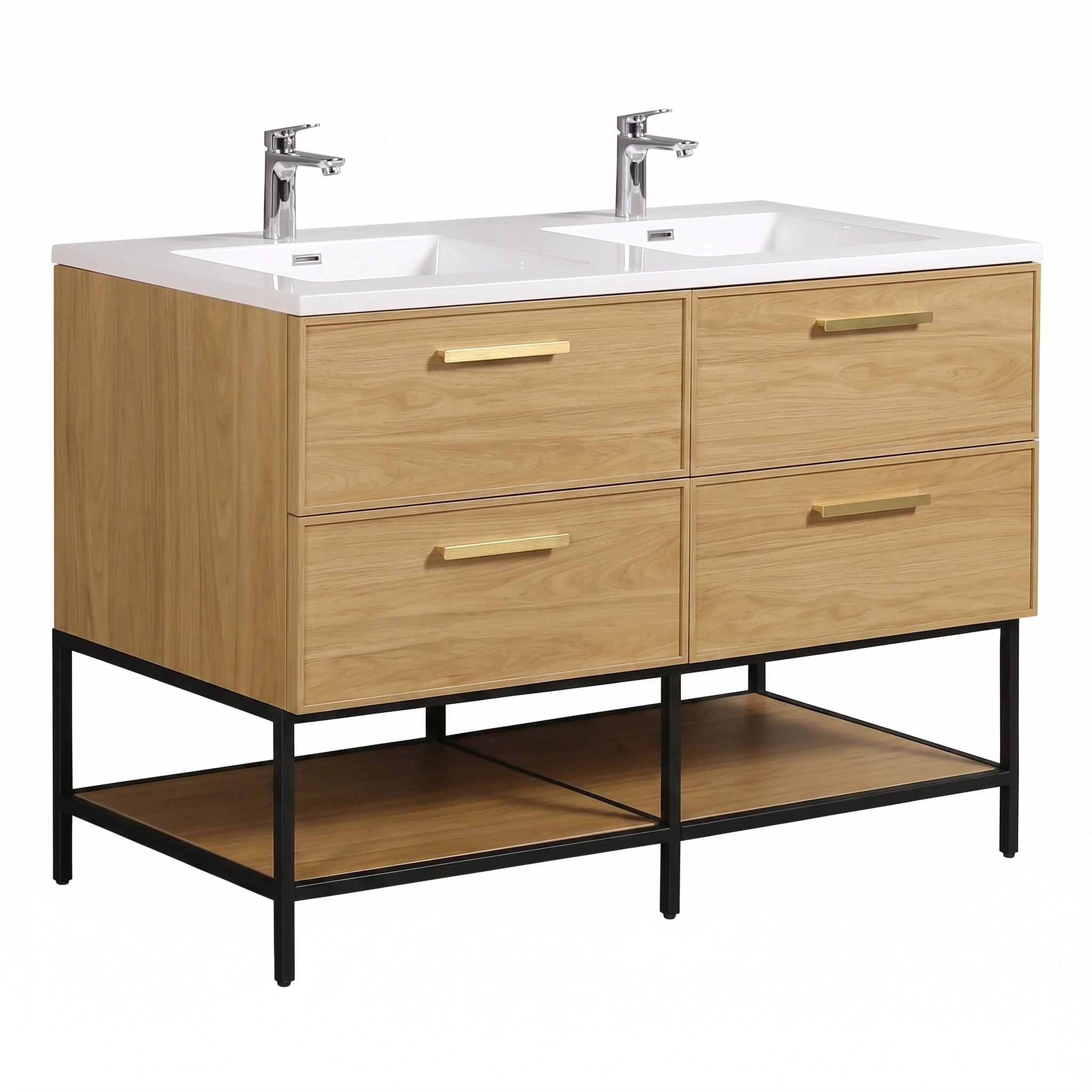 Meuble-lavabo mural 60 po Sunset Noyer avec comptoir en Polymarbre blanc avec poignées - Collection Luxe
