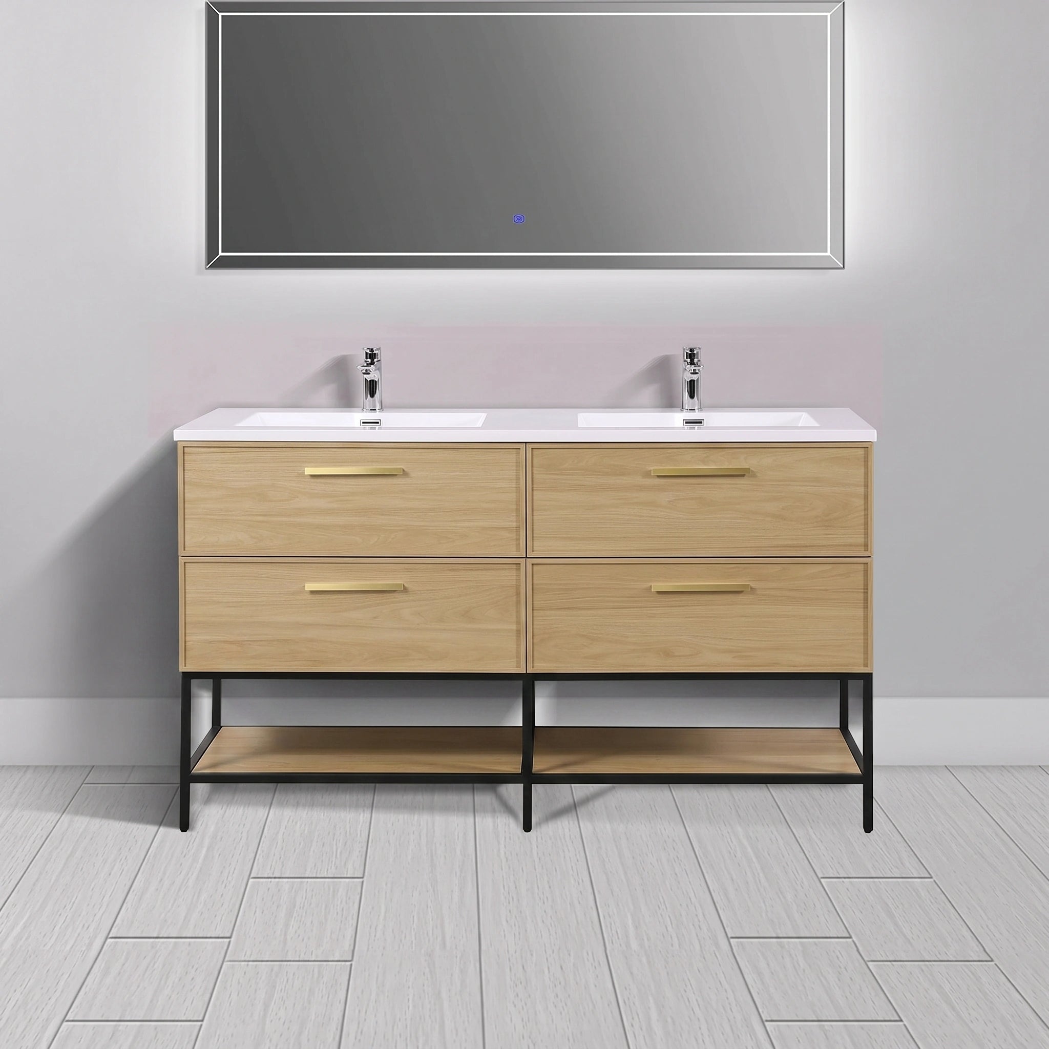 Meuble-lavabo mural 60 po Sunset Noyer avec comptoir en Polymarbre blanc avec poignées - Collection Luxe