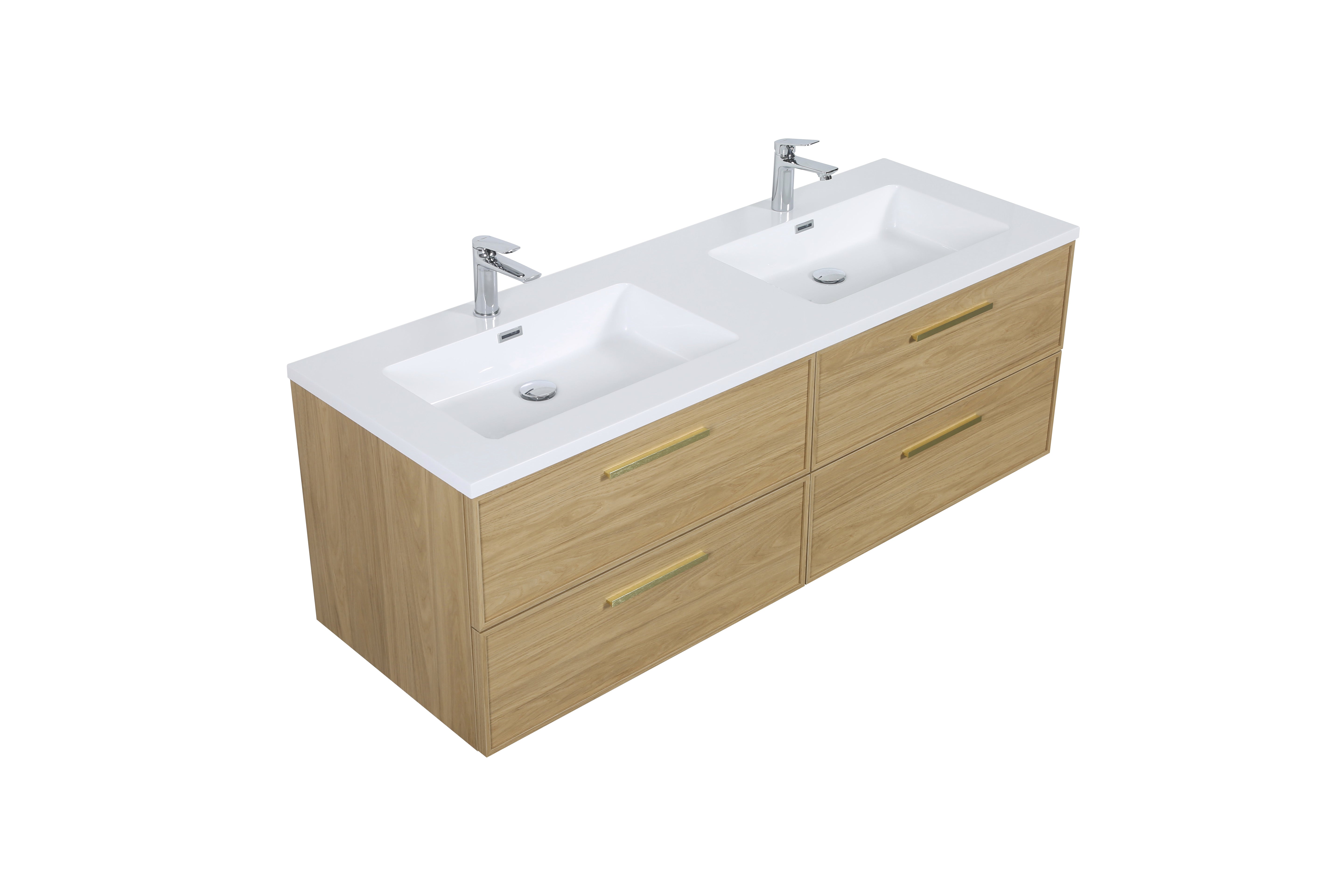Meuble-lavabo mural 60 po Sunset Noyer avec comptoir en Polymarbre blanc avec poignées - Collection Luxe