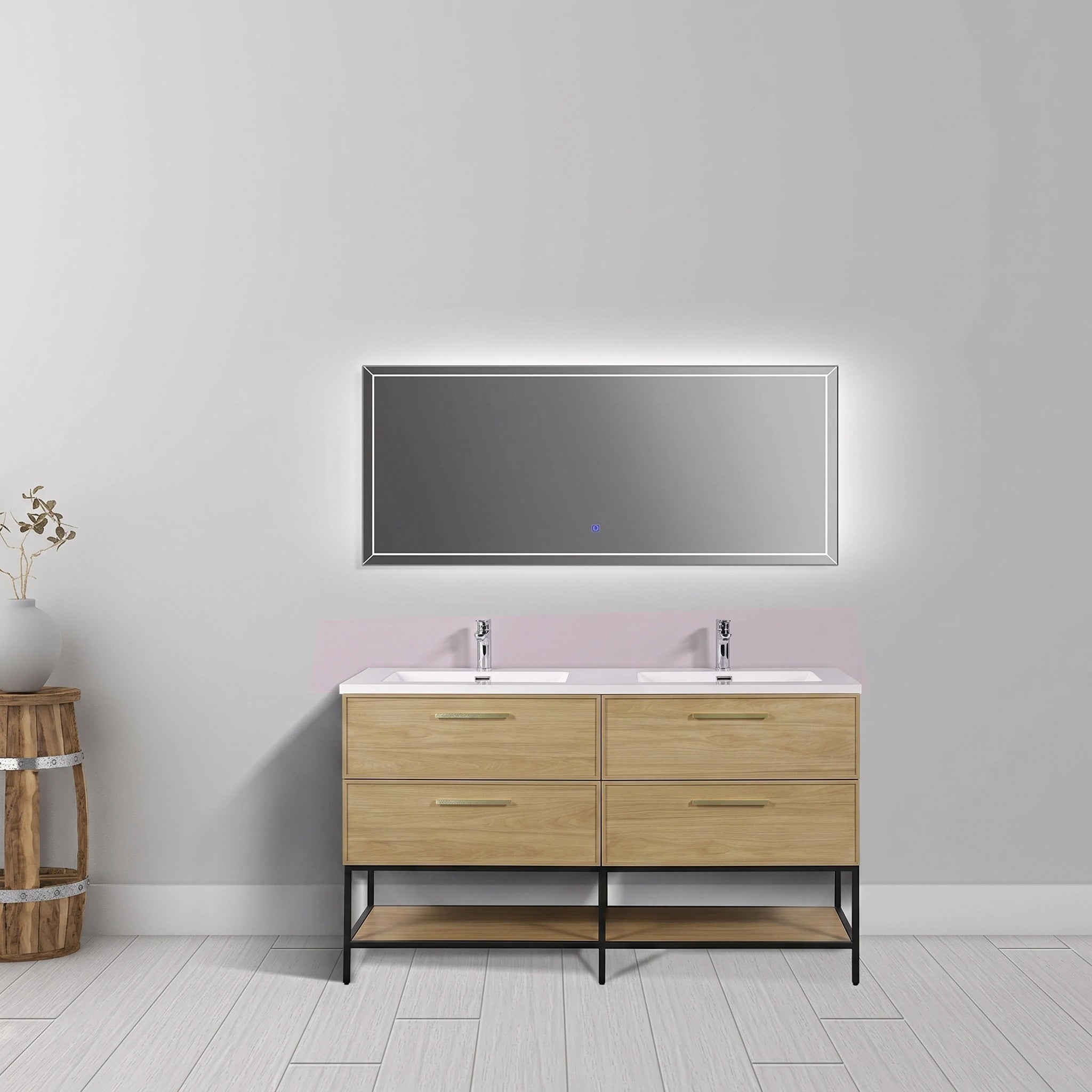 Meuble-lavabo mural 60 po Sunset Noyer avec comptoir en Polymarbre blanc avec poignées - Collection Luxe