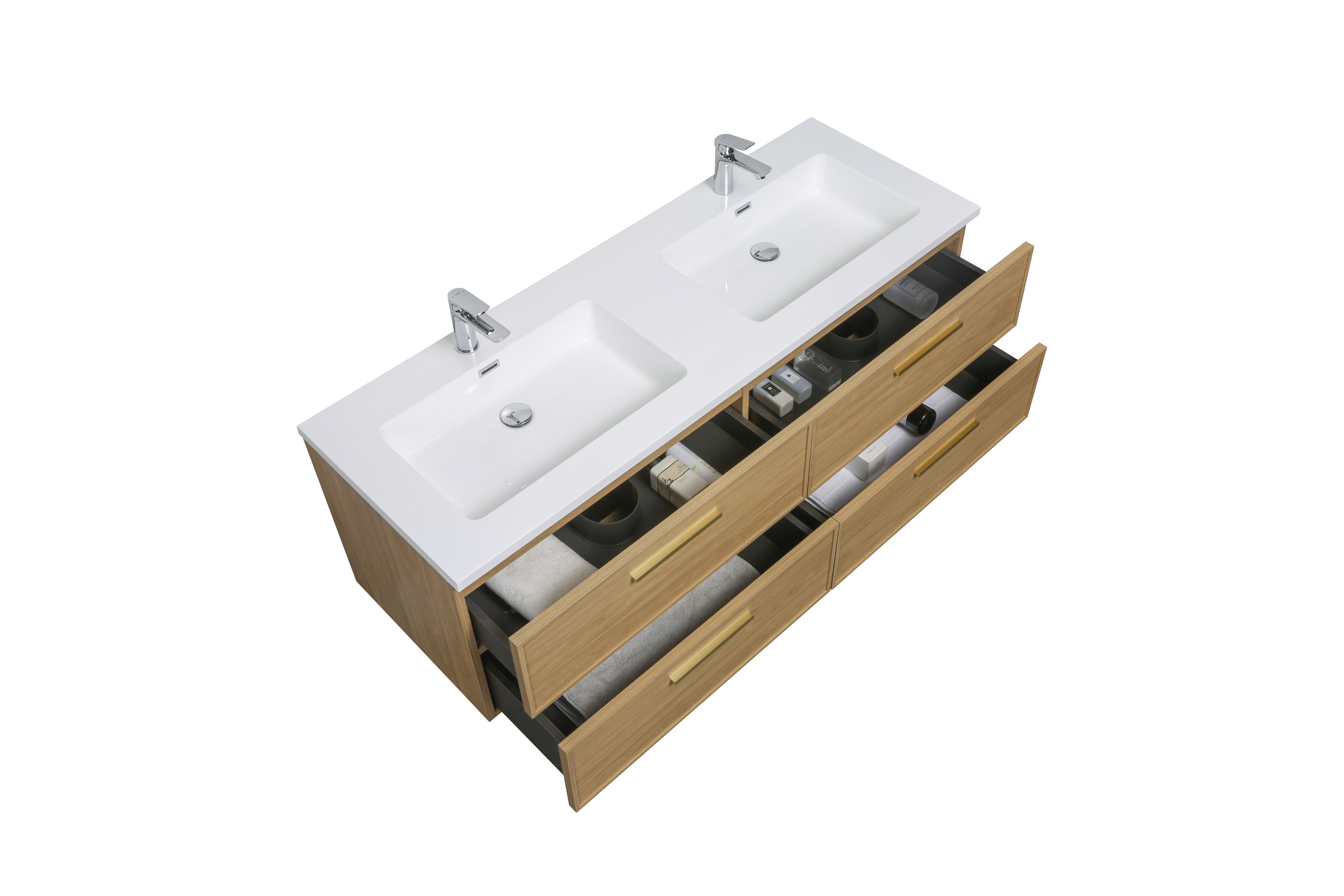 Meuble-lavabo mural 60 po Sunset Noyer avec comptoir en Polymarbre blanc avec poignées - Collection Luxe