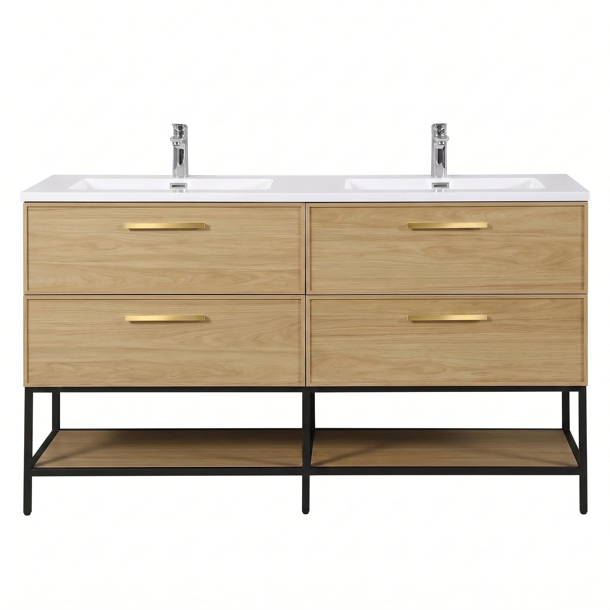 Meuble-lavabo mural 60 po Sunset Noyer avec comptoir en Polymarbre blanc avec poignées - Collection Luxe