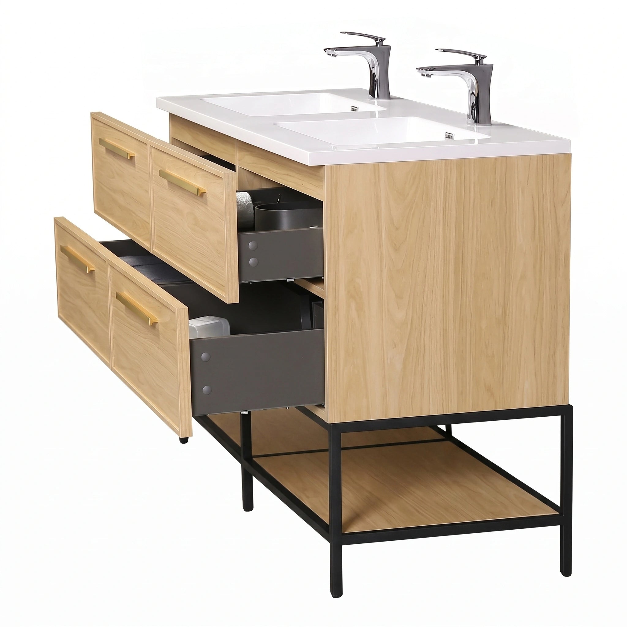 Meuble-lavabo mural 60 po Sunset Noyer avec comptoir en Polymarbre blanc avec poignées - Collection Luxe