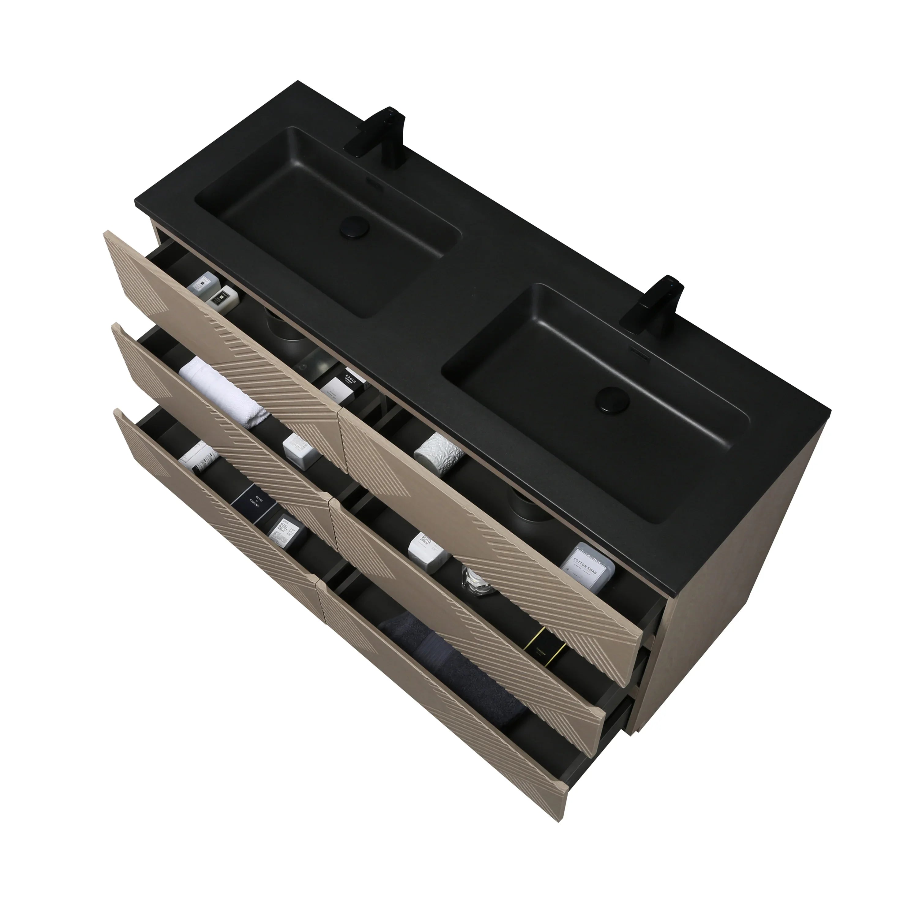 60" Taupe Oak Freestanding Double Sink Vanity with Black Engineered Quartz Countertop