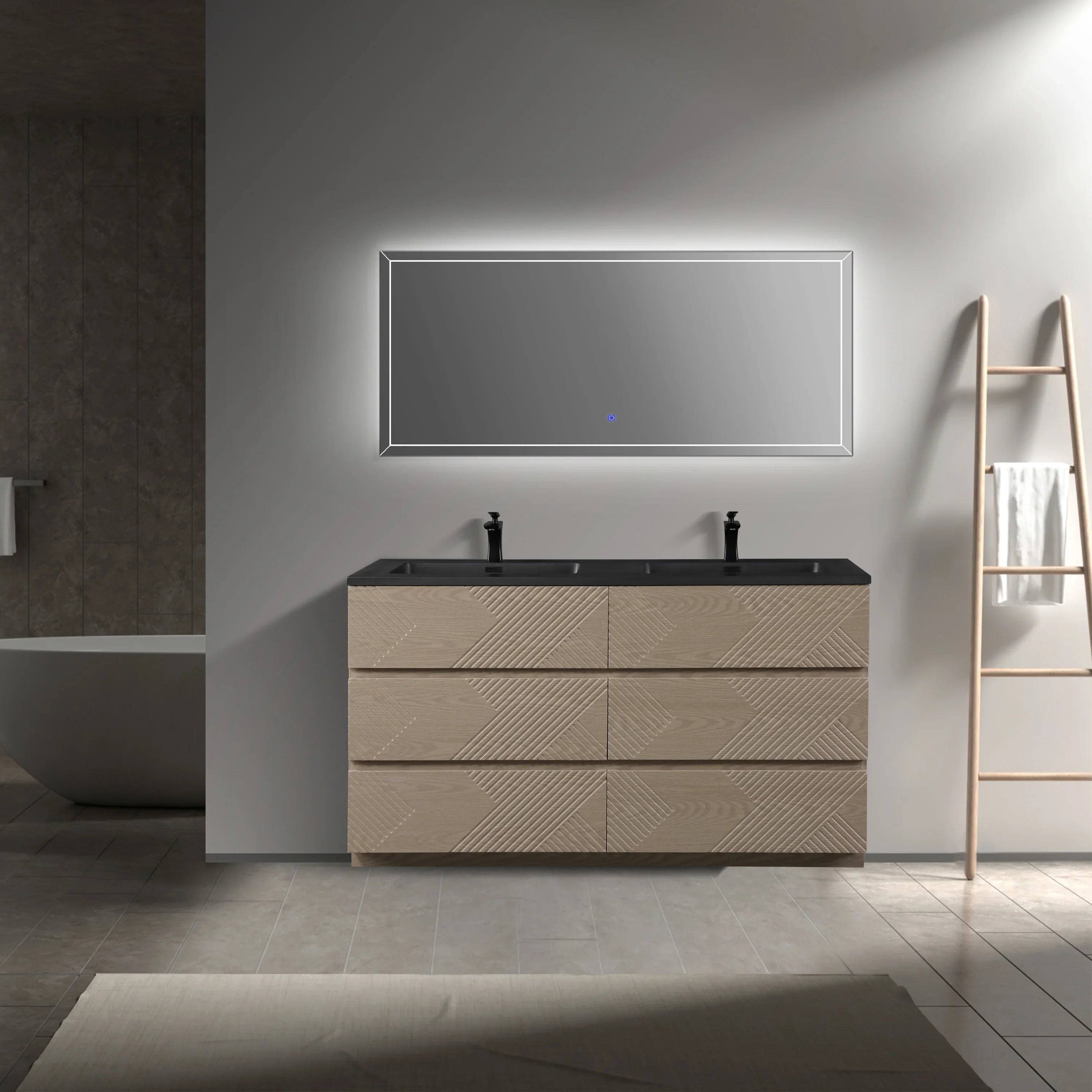 Meuble-Lavabo Autoportant 60po Chêne Taupe avec Comptoir de Quartz d'ingénierie Noir