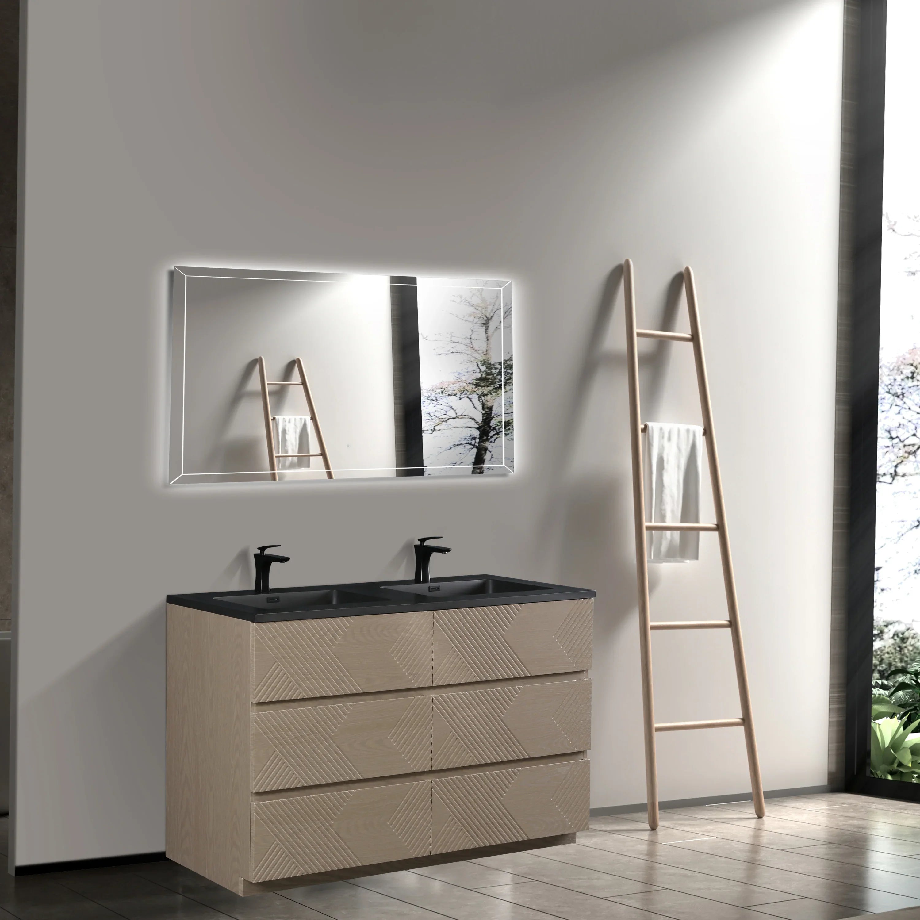 60" Taupe Oak Freestanding Double Sink Vanity with Black Engineered Quartz Countertop