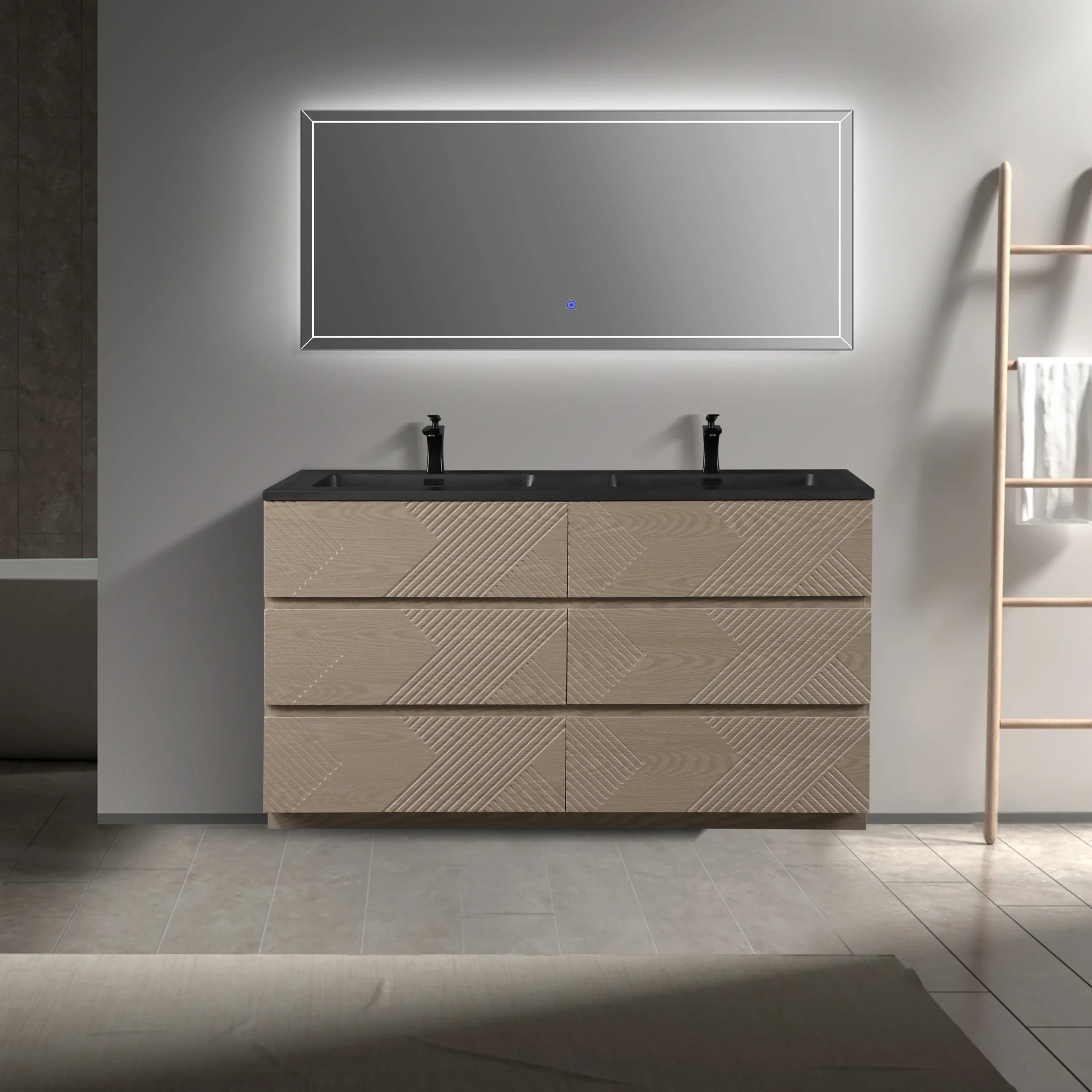 Meuble-Lavabo Autoportant 60po Chêne Taupe avec Comptoir de Quartz d'ingénierie Noir