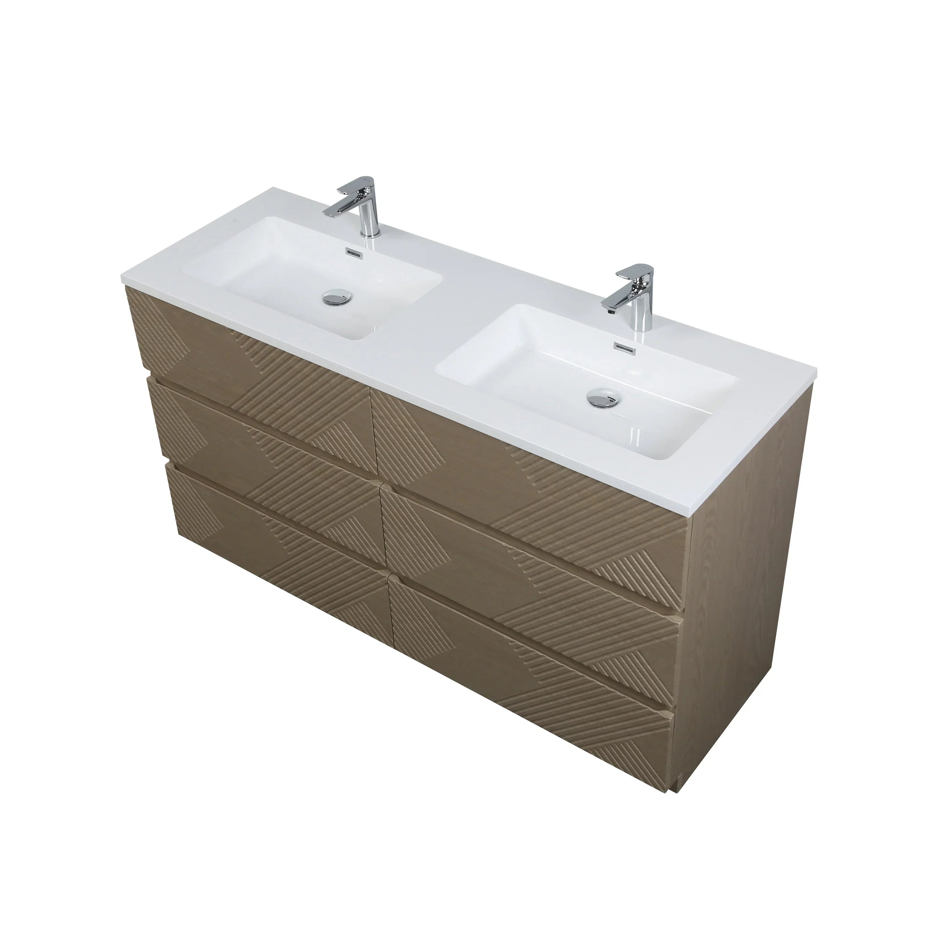60" Taupe Oak Freestanding Double Sink Vanity with White Polymarble Countertop