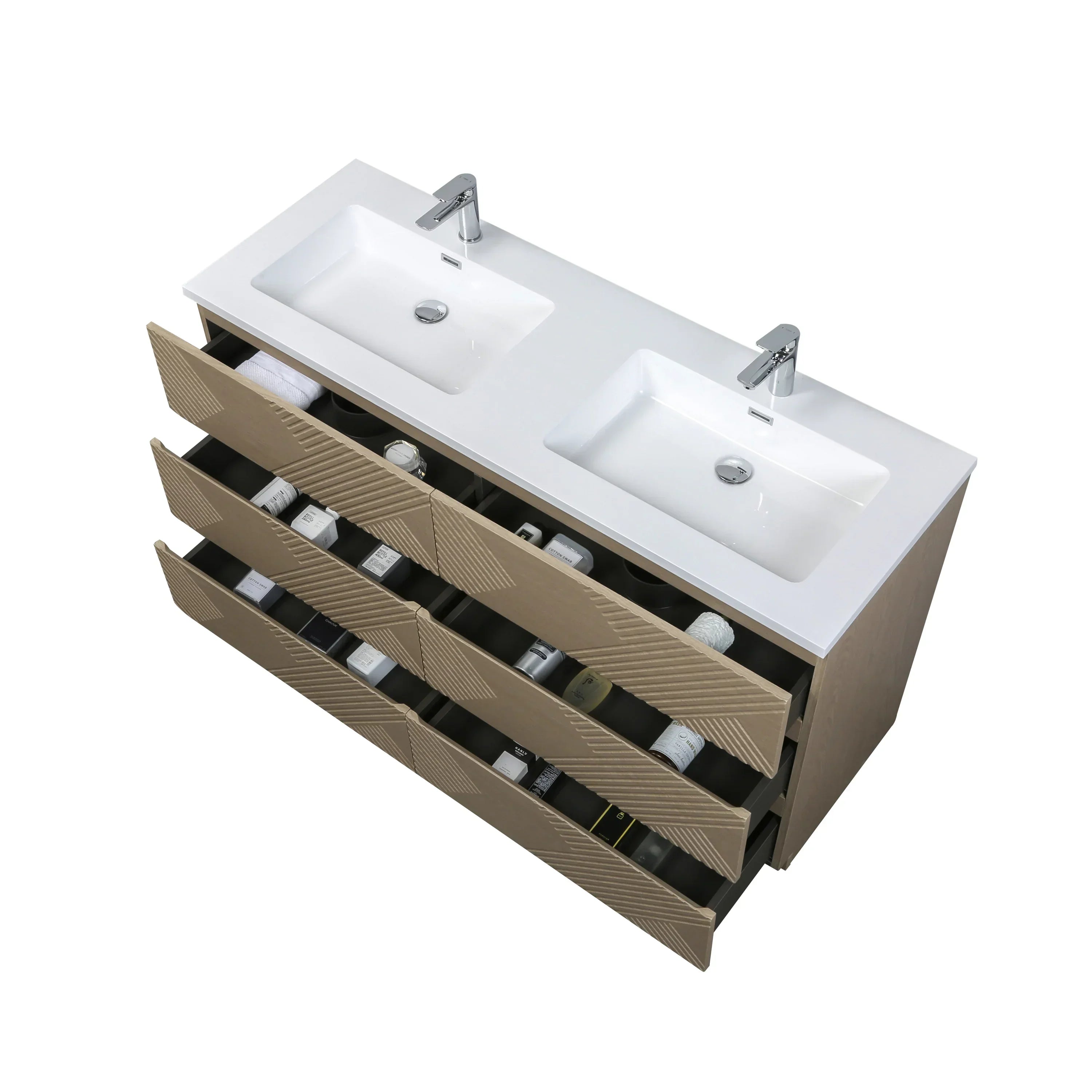 60" Taupe Oak Freestanding Double Sink Vanity with White Polymarble Countertop