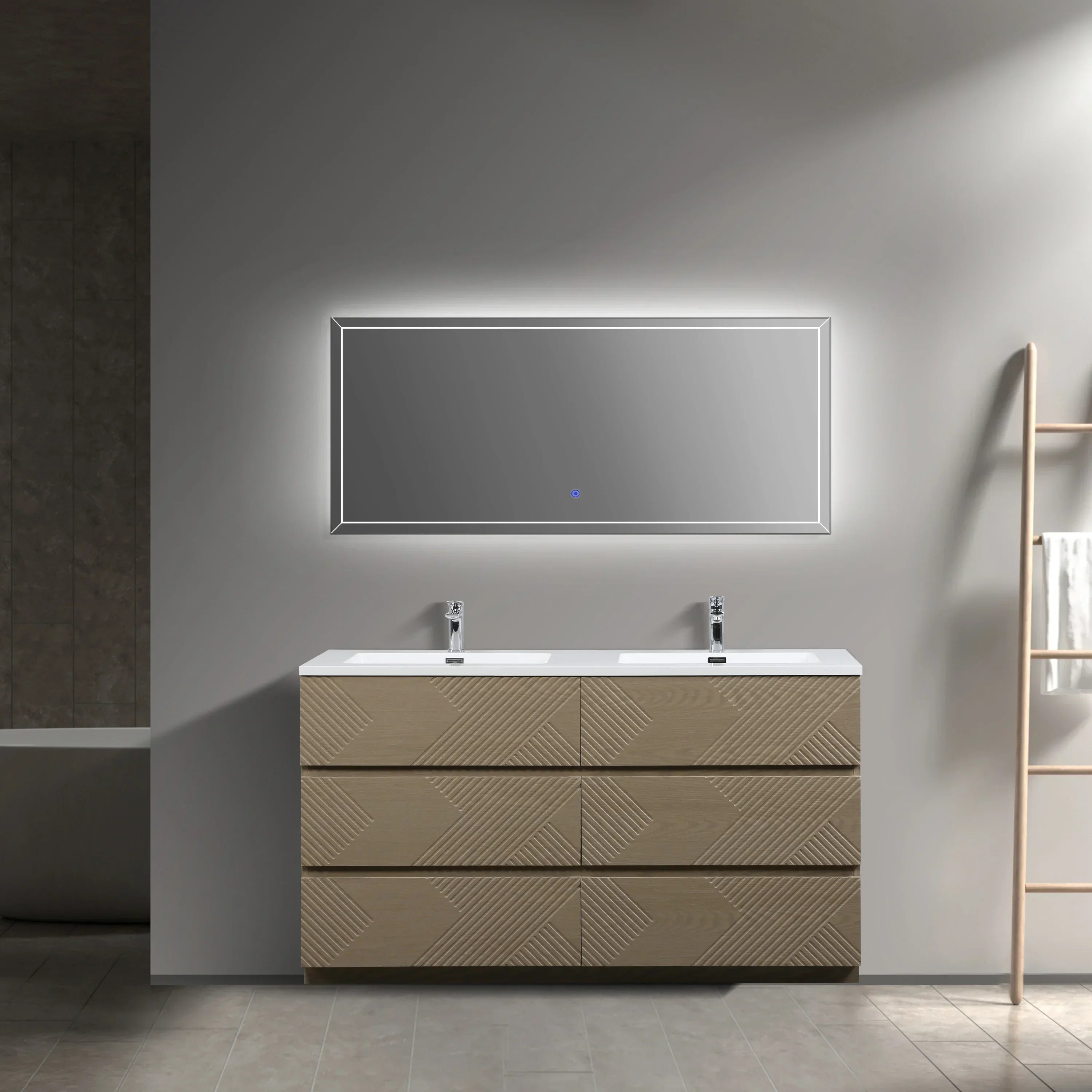 Meuble-Lavabo Autoportant 60po Chêne Taupe avec Comptoir de Polymarbre Blanc