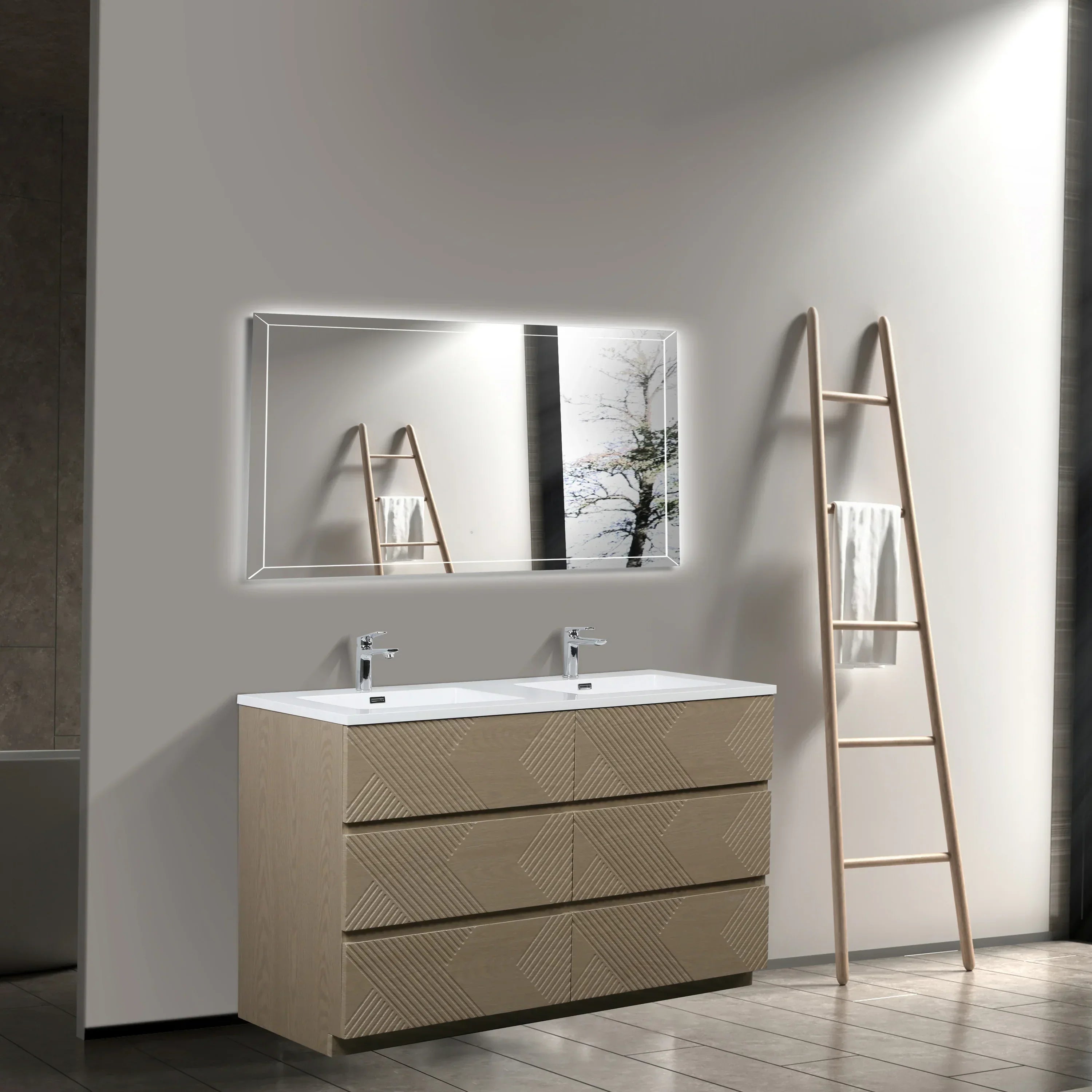 60" Taupe Oak Freestanding Double Sink Vanity with White Polymarble Countertop