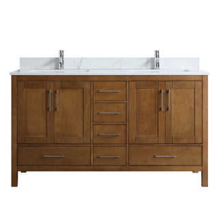 Meuble-lavabo double sur pied en noyer de 60 pouces avec comptoir en marbre reconstitué de Calacatta