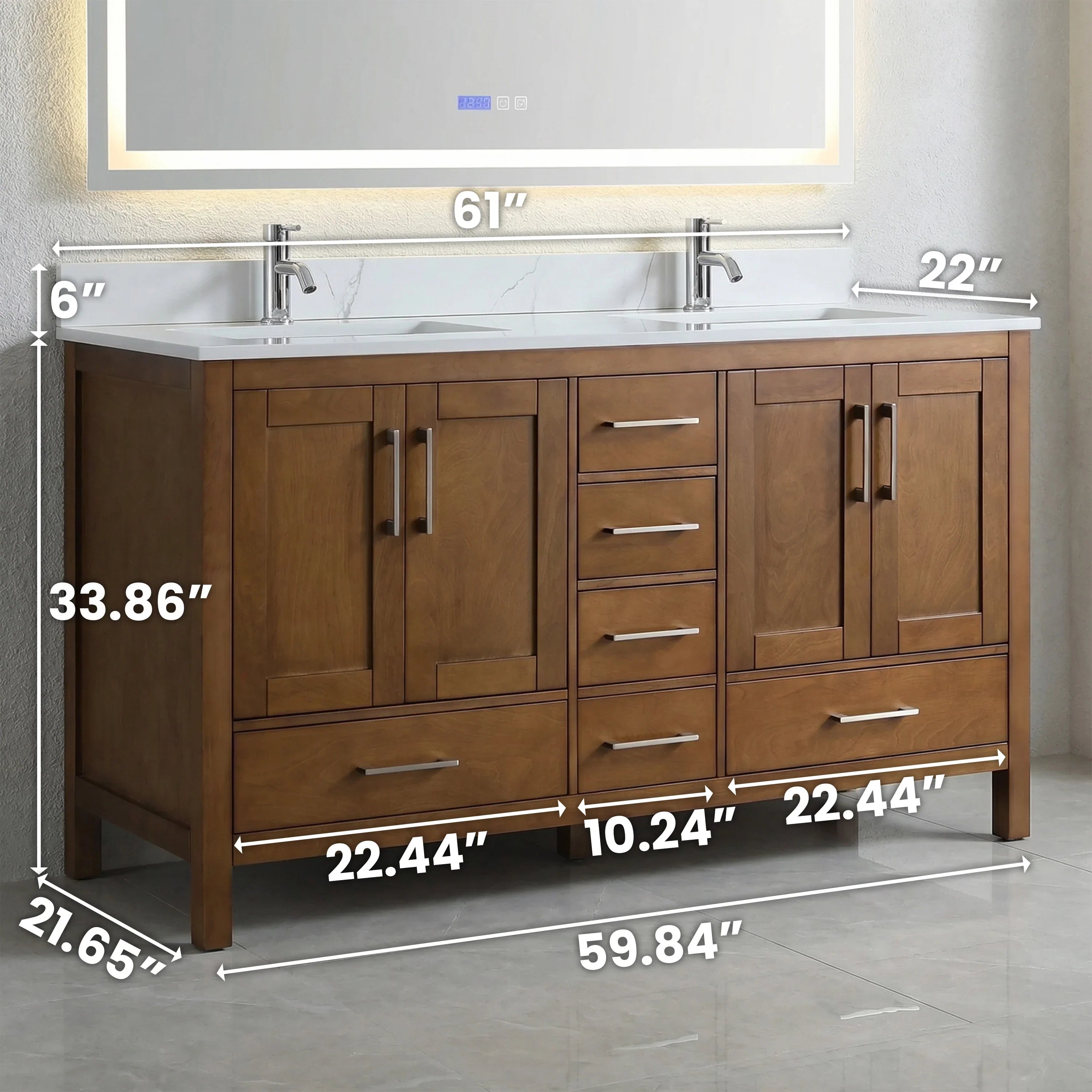 60" Walnut Freestanding Double Sink Bathroom Vanity with Engineered Calcutta Marble Countertop